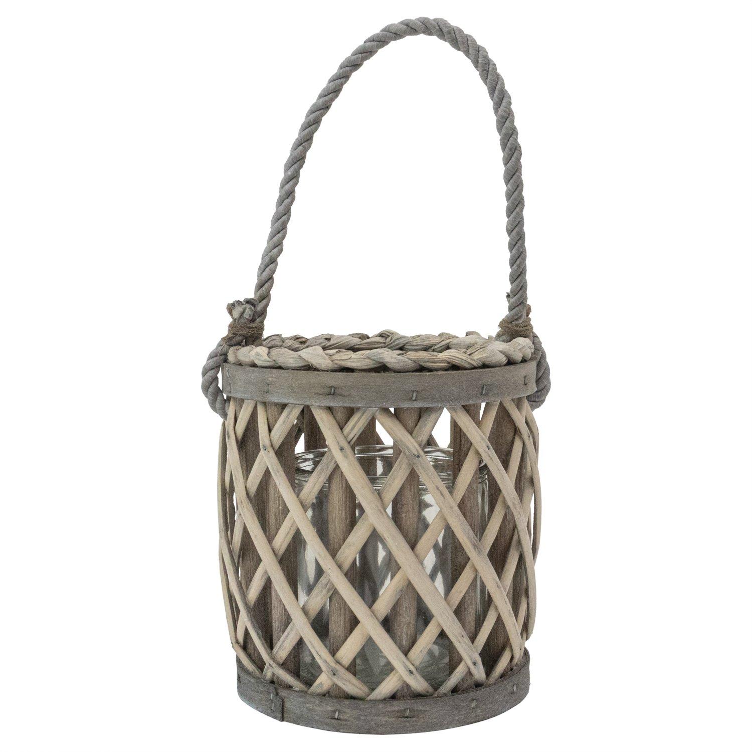 Grey - JVL - Luna Natural Willow Wood Lantern With Braided - 1