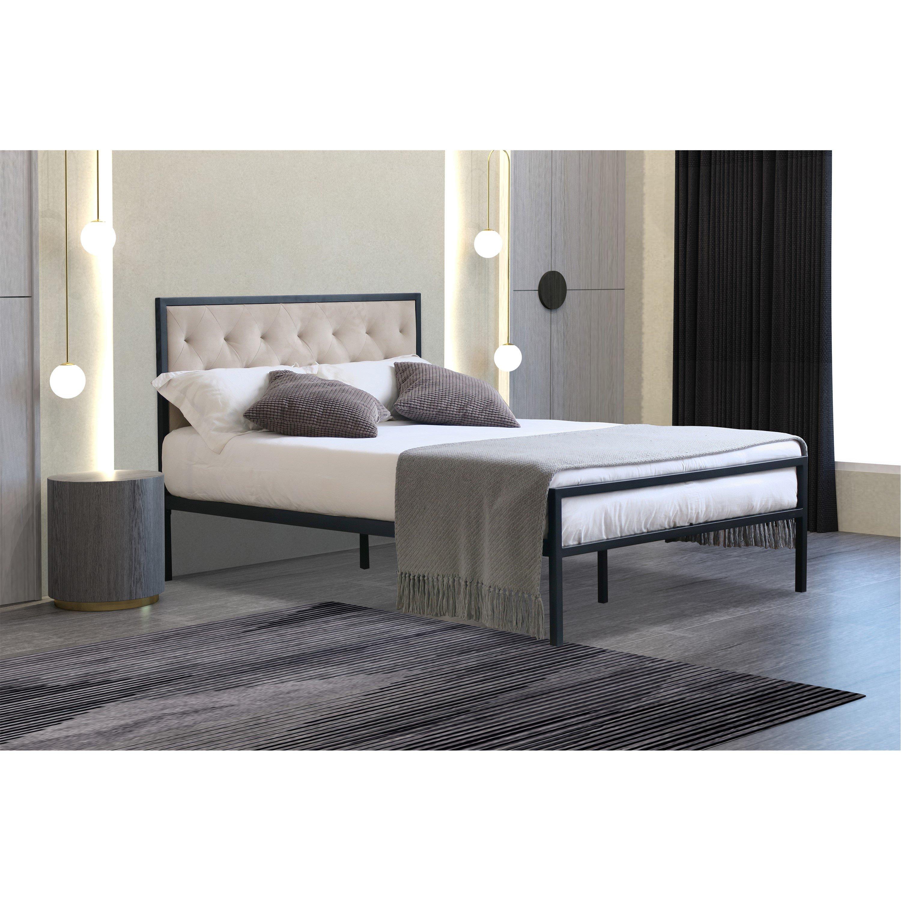 Cream - Comfy Living - Black Metal with Plush Headboard Bed and Mattress