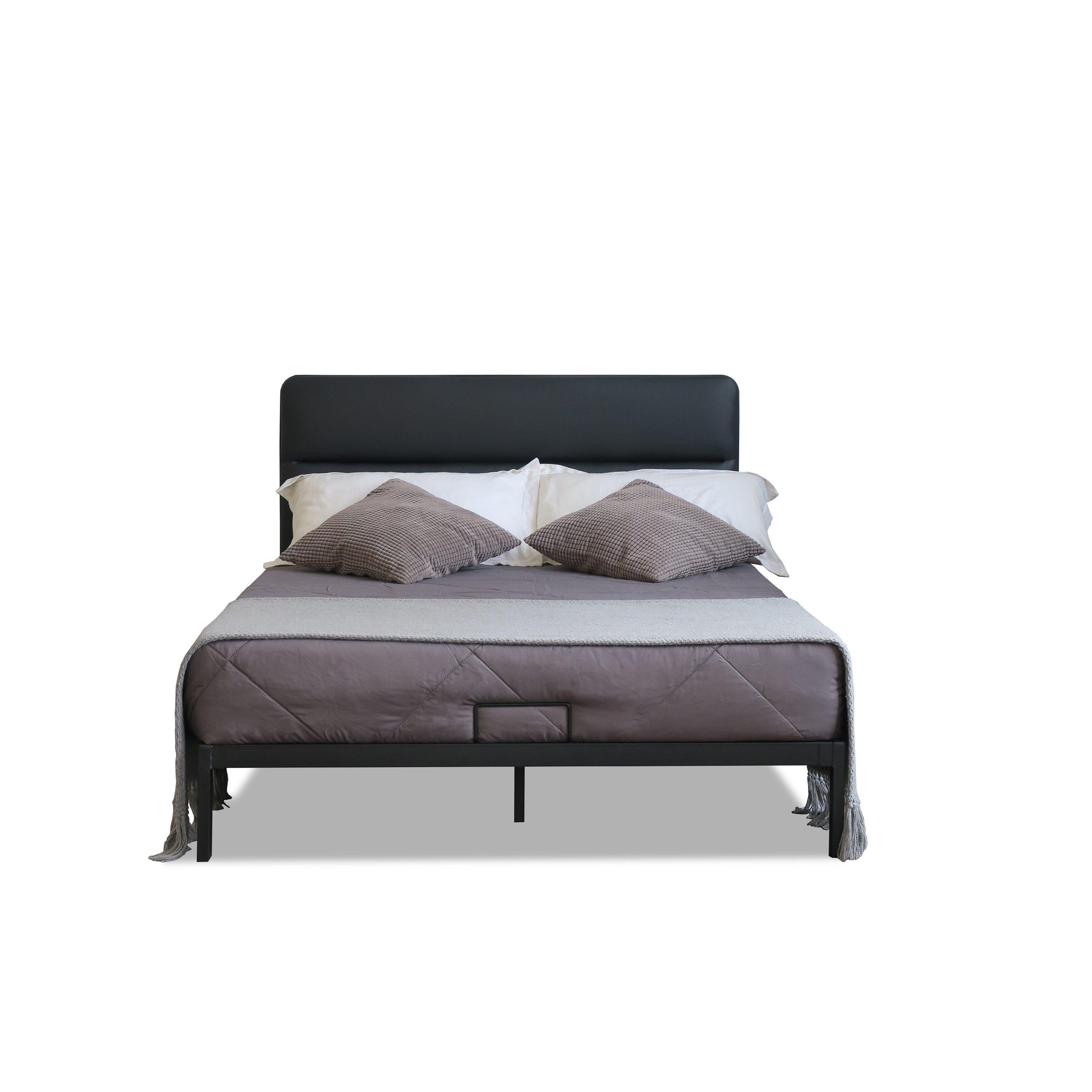 Black - Comfy Living - Black Metal Bed with Leather Headboard & Mattress - 2