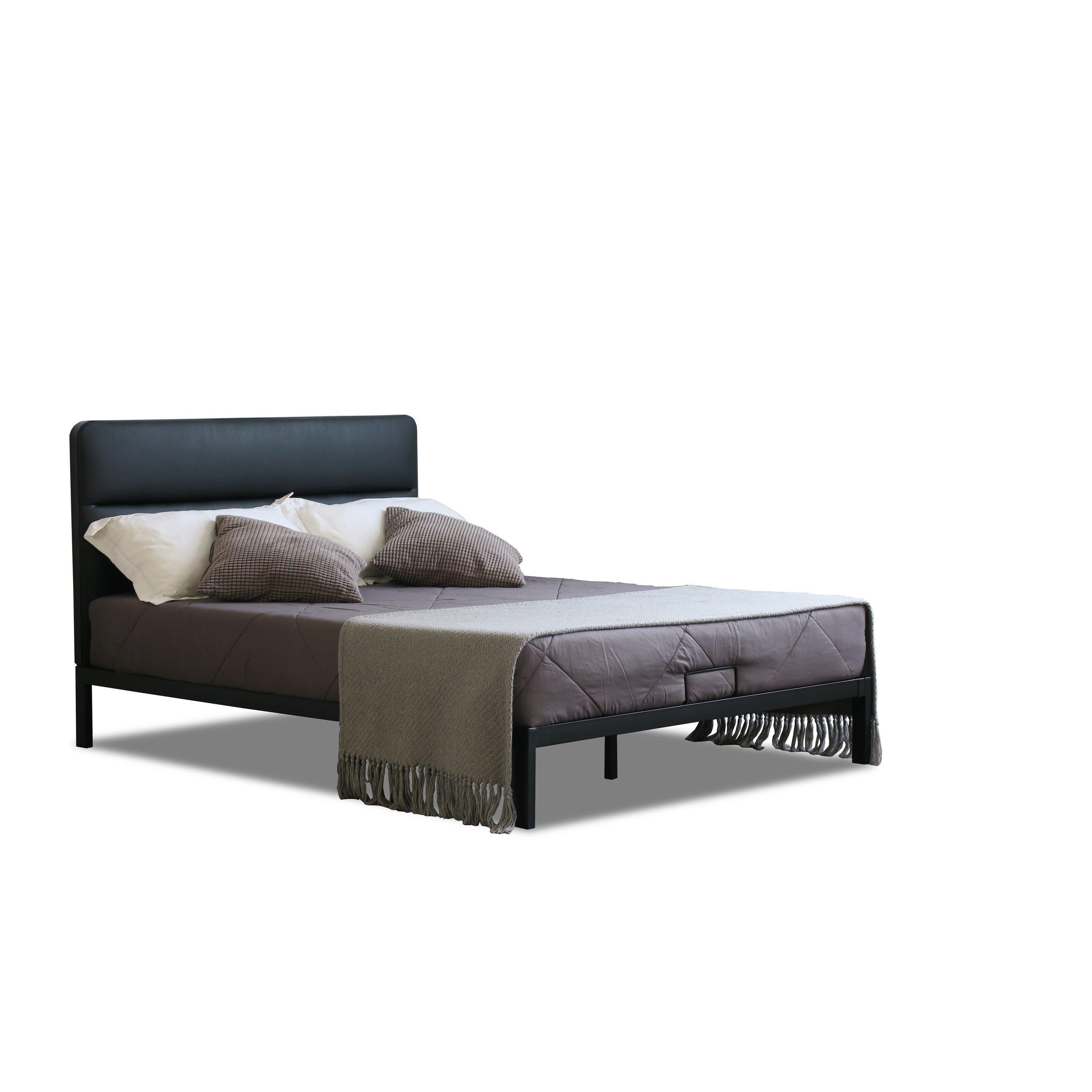 Black - Comfy Living - Black Metal Bed with Leather Headboard & Mattress - 3