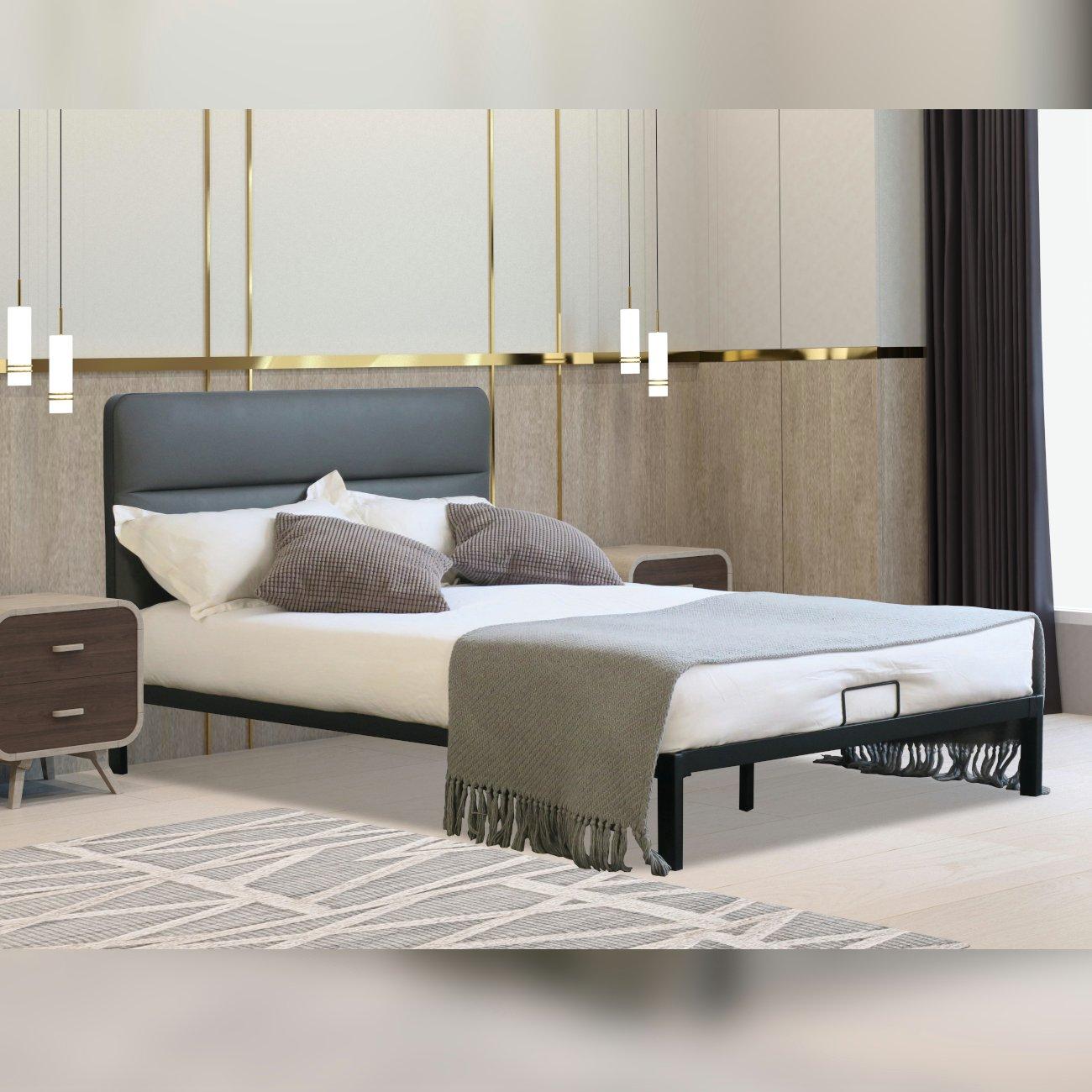 Black Metal Bed with Leather Headboard