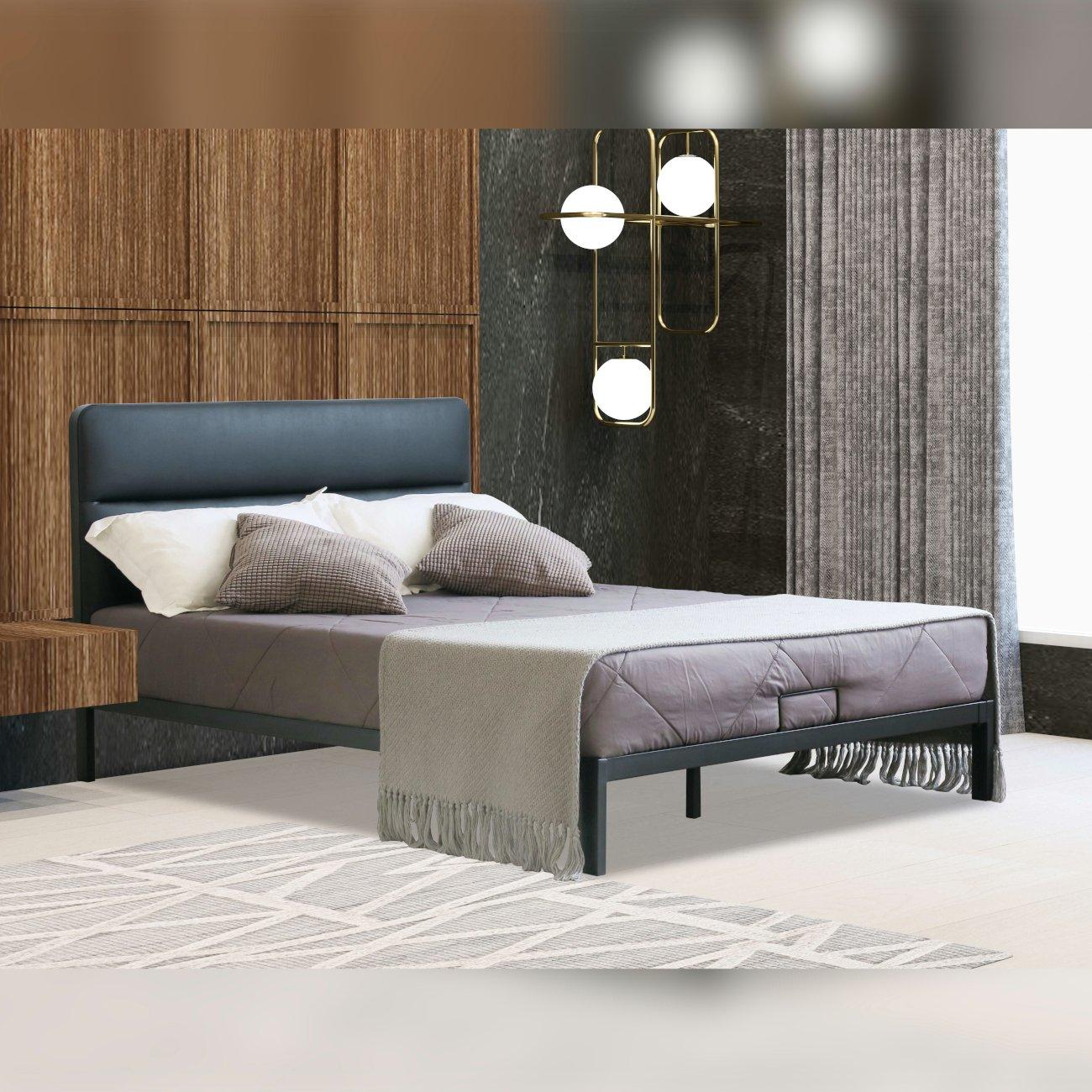 Black - Comfy Living - Black Metal Bed with Leather Headboard