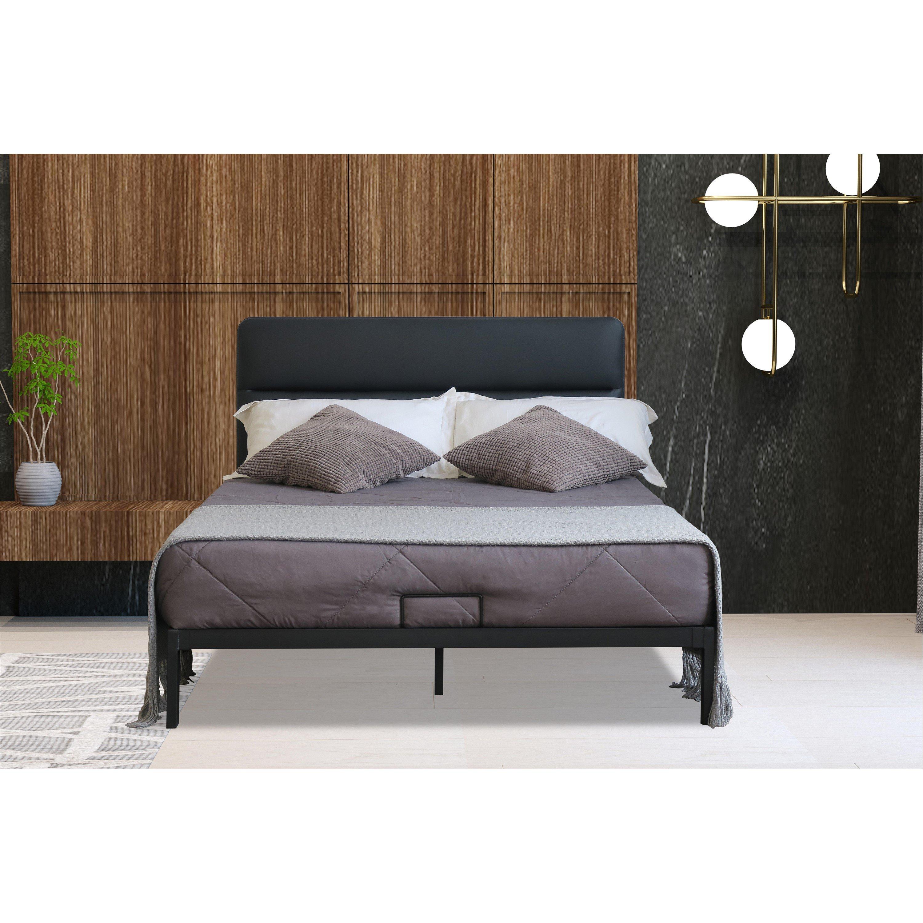Black - Comfy Living - Black Metal Bed with Leather Headboard - 2