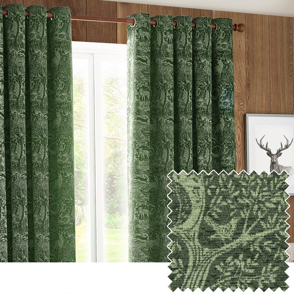 Furn  Winter Woods Fully Lined Chenille Eyelet Curtains - Emerald - 229 x 137c
