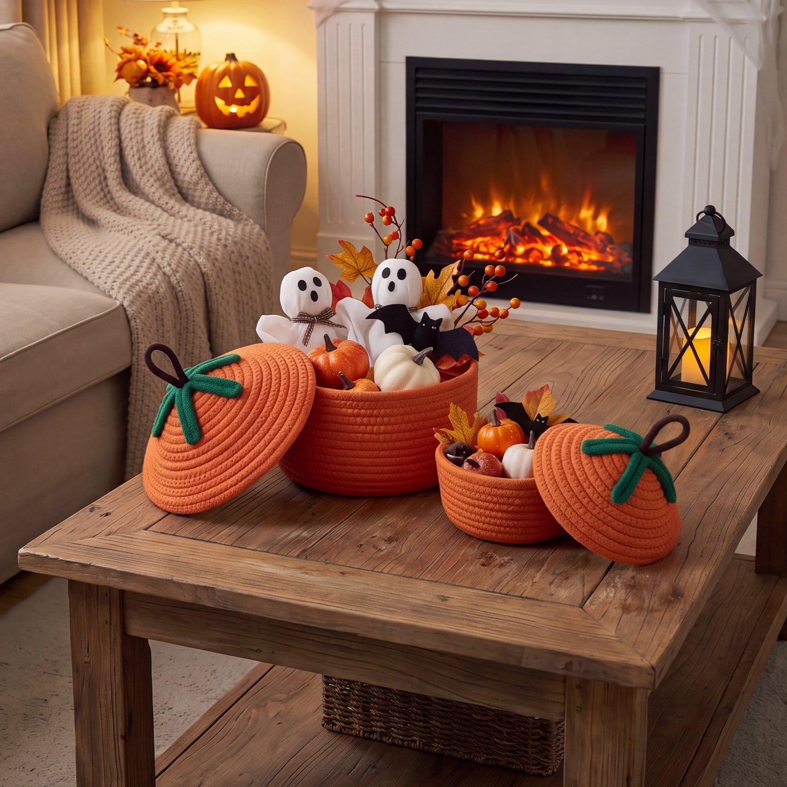 Orange - LIFE IDEAS - Set of 2 Pumpkin Cotton Rope Storage Baskets - 1