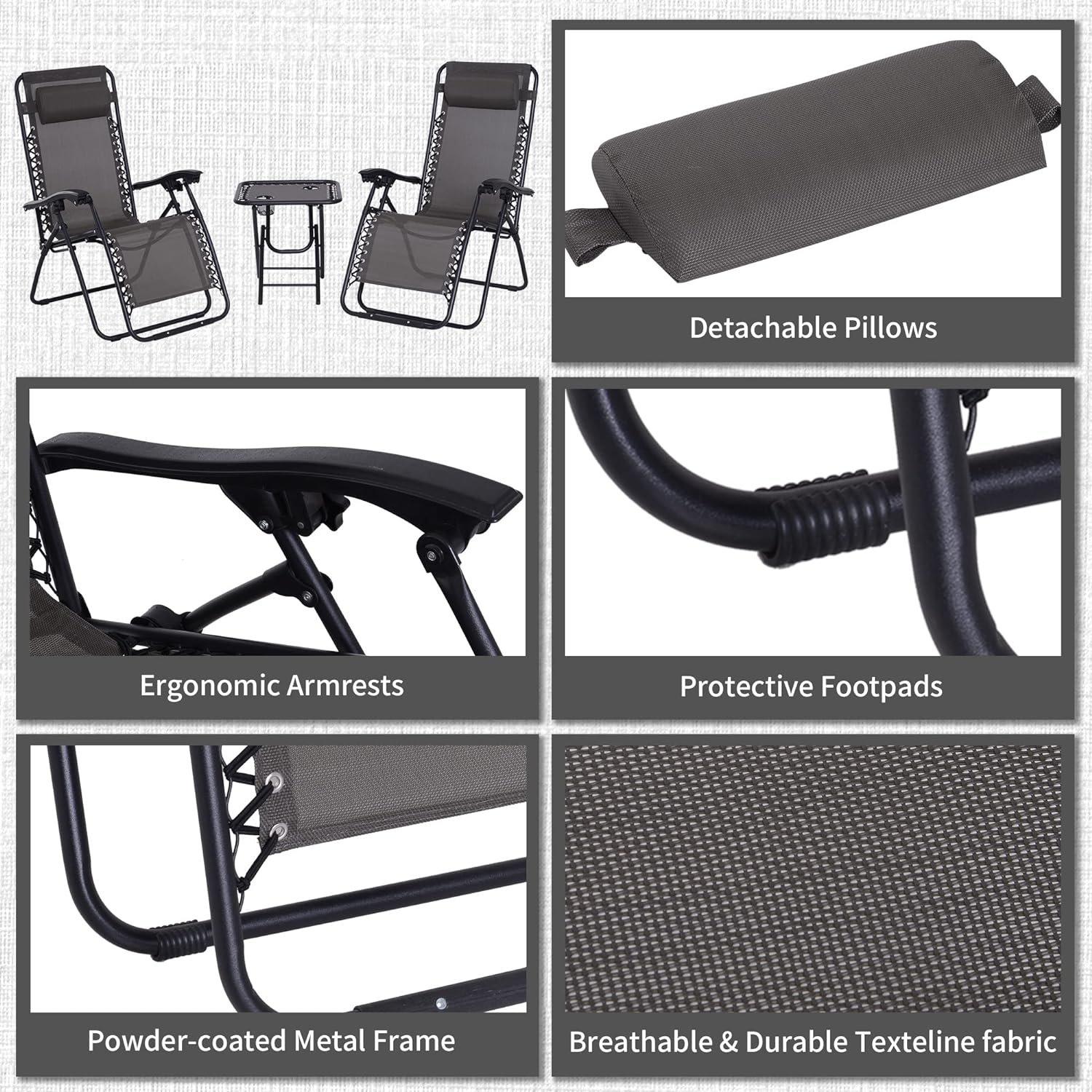 Grey - Outsunny - 3pcs Folding Zero Gravity Chairs - 7