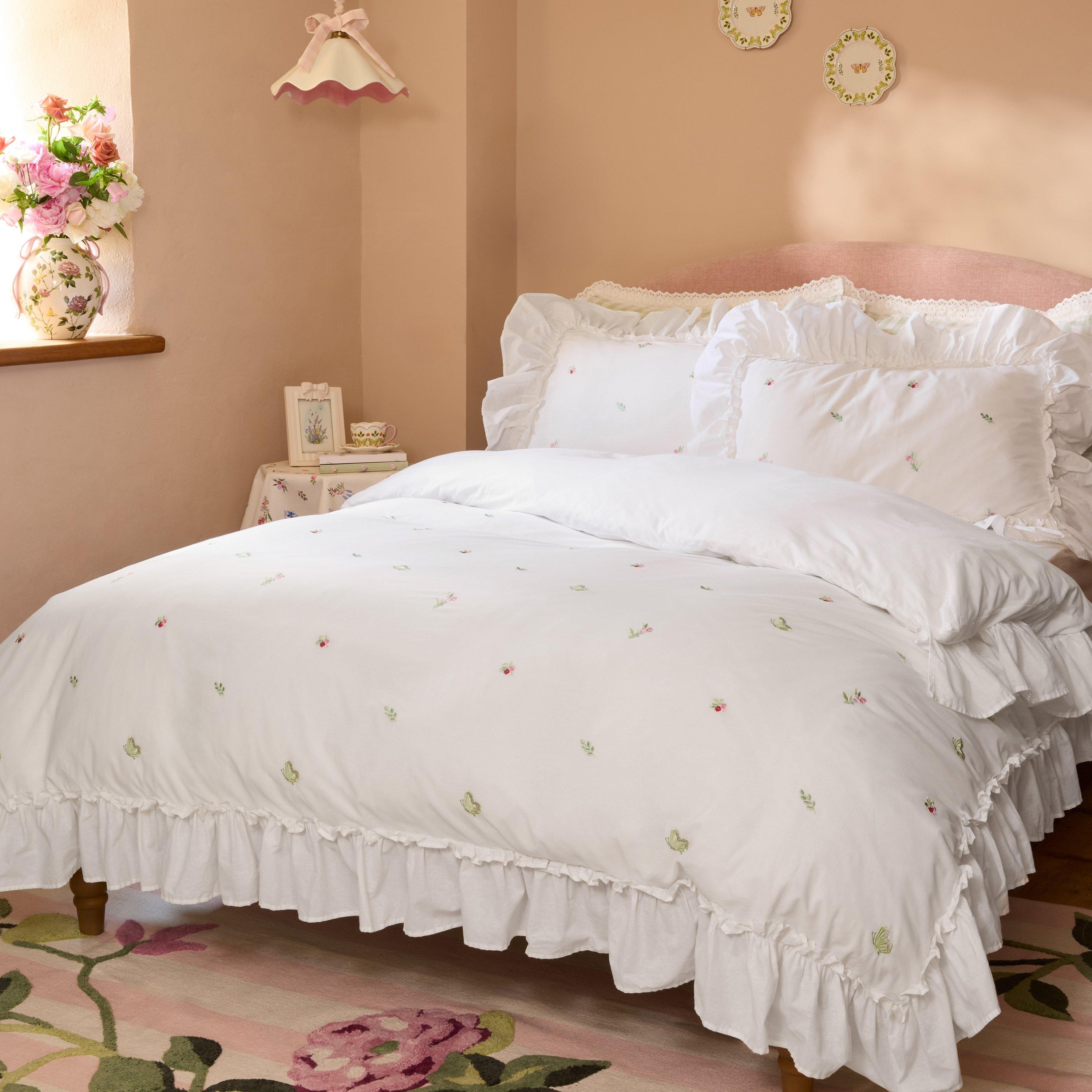 White - Cath Kidston - Tiny Floral Embroidered Frill Duvet Cover Set - 2
