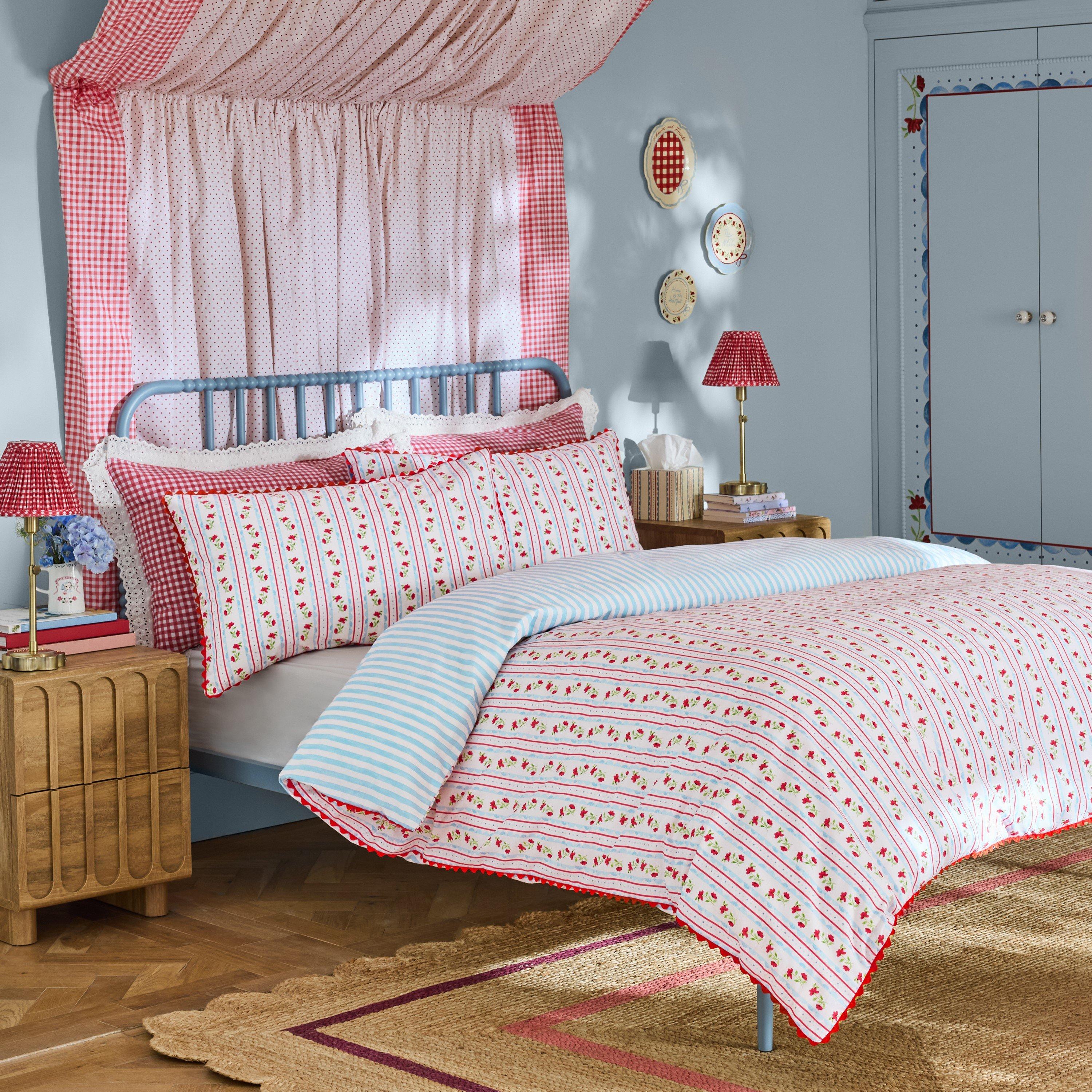 Red / Navy - Cath Kidston - Treasure Floral Stripe Cotton Duvet Cover Set - 1