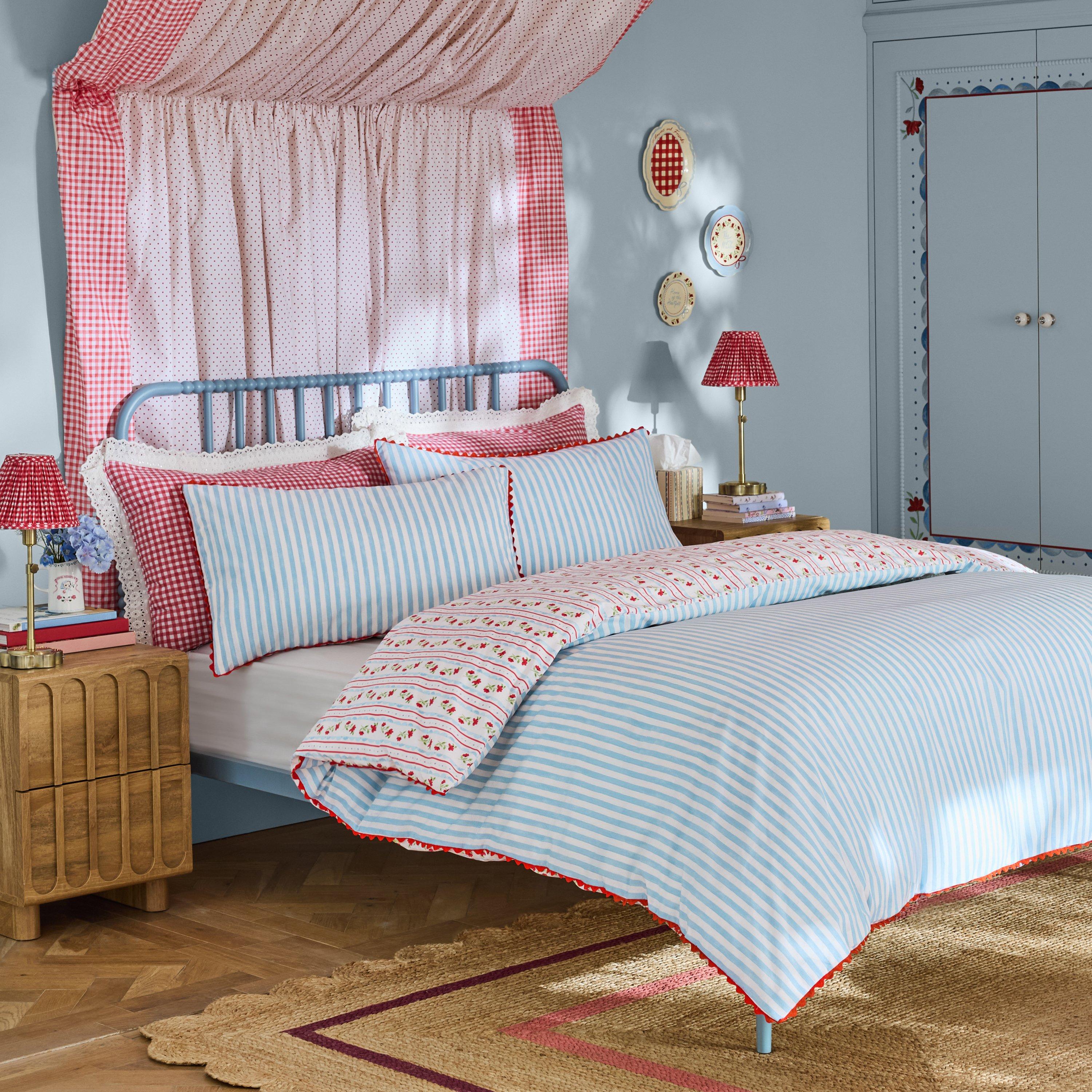 Red / Navy - Cath Kidston - Treasure Floral Stripe Cotton Duvet Cover Set - 2