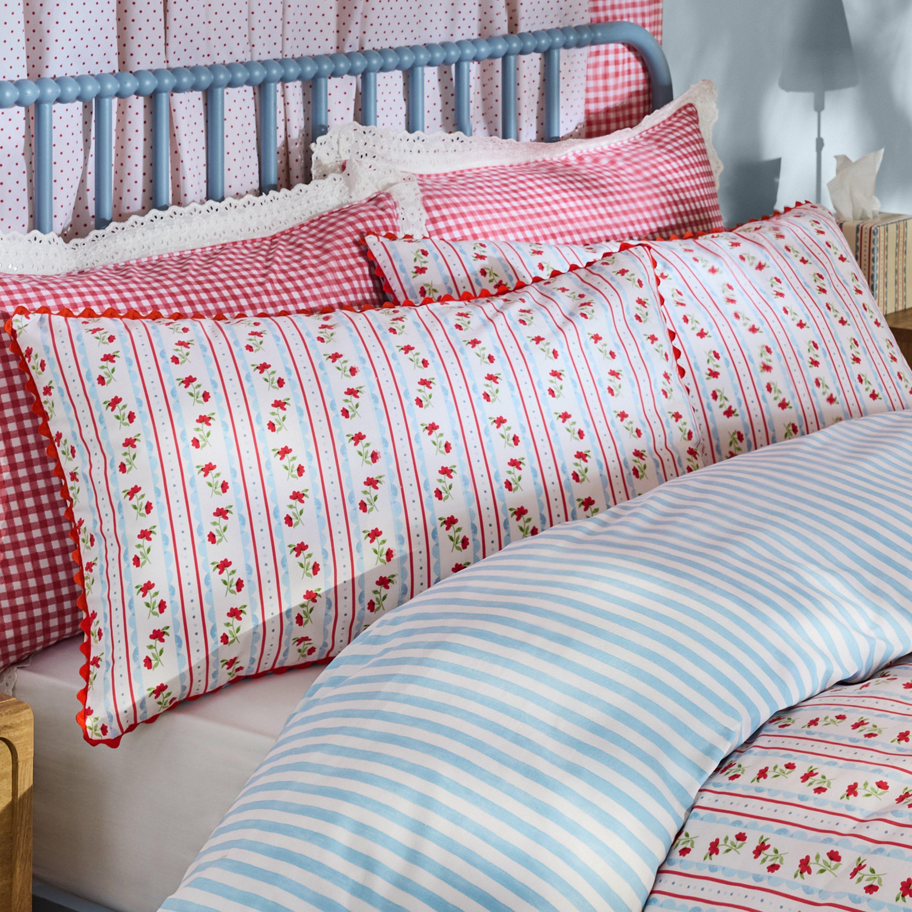 Red / Navy - Cath Kidston - Treasure Floral Stripe Cotton Duvet Cover Set - 3