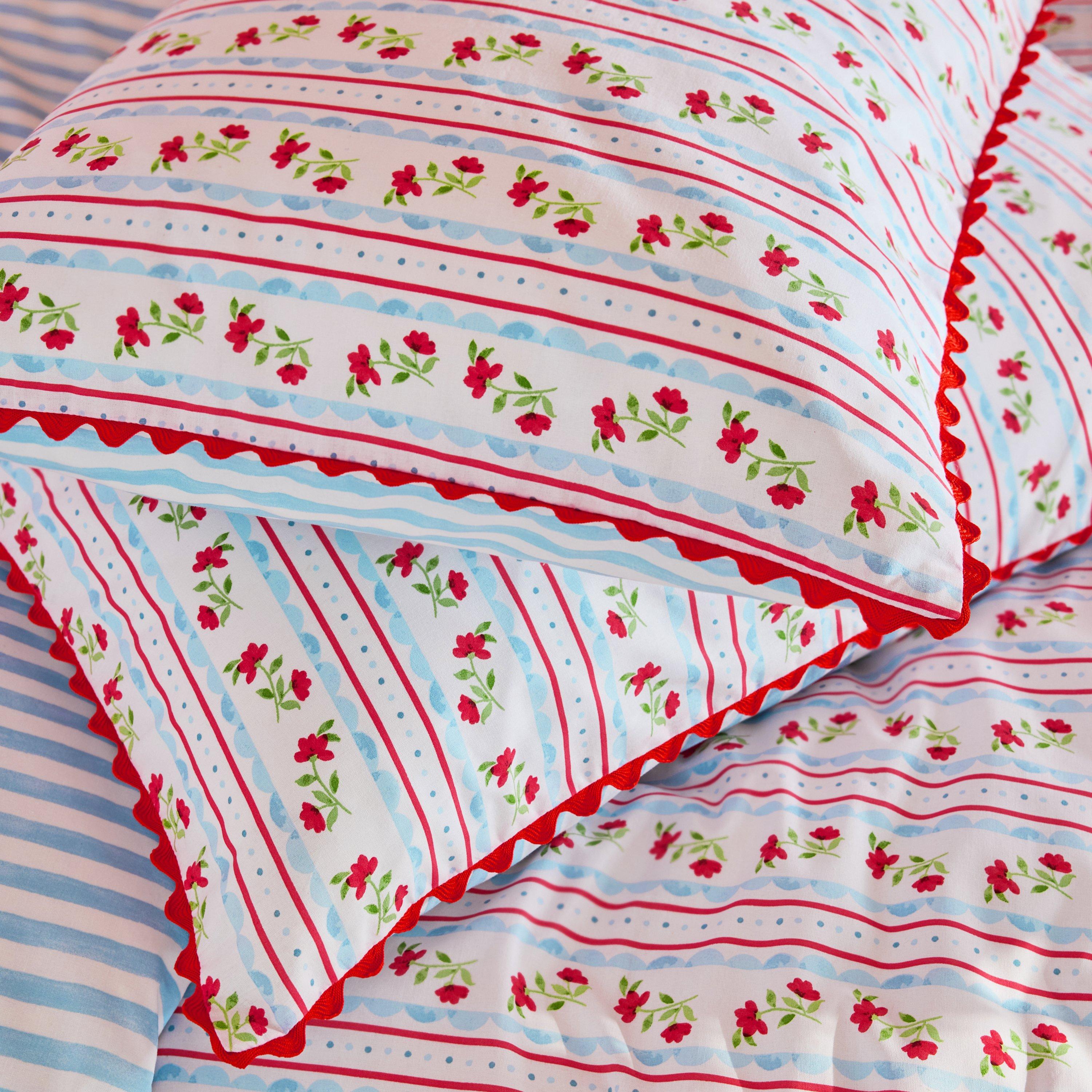 Red / Navy - Cath Kidston - Treasure Floral Stripe Cotton Duvet Cover Set - 4