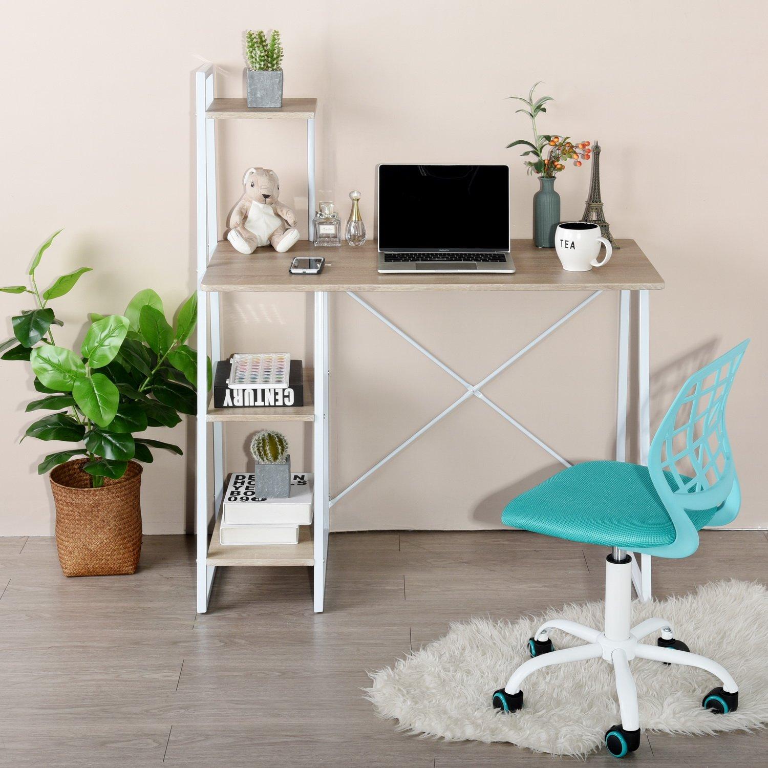 Light Oak/White - Urban Meuble - Wood Effect Desk with 3-Tier Side Shelves - 1