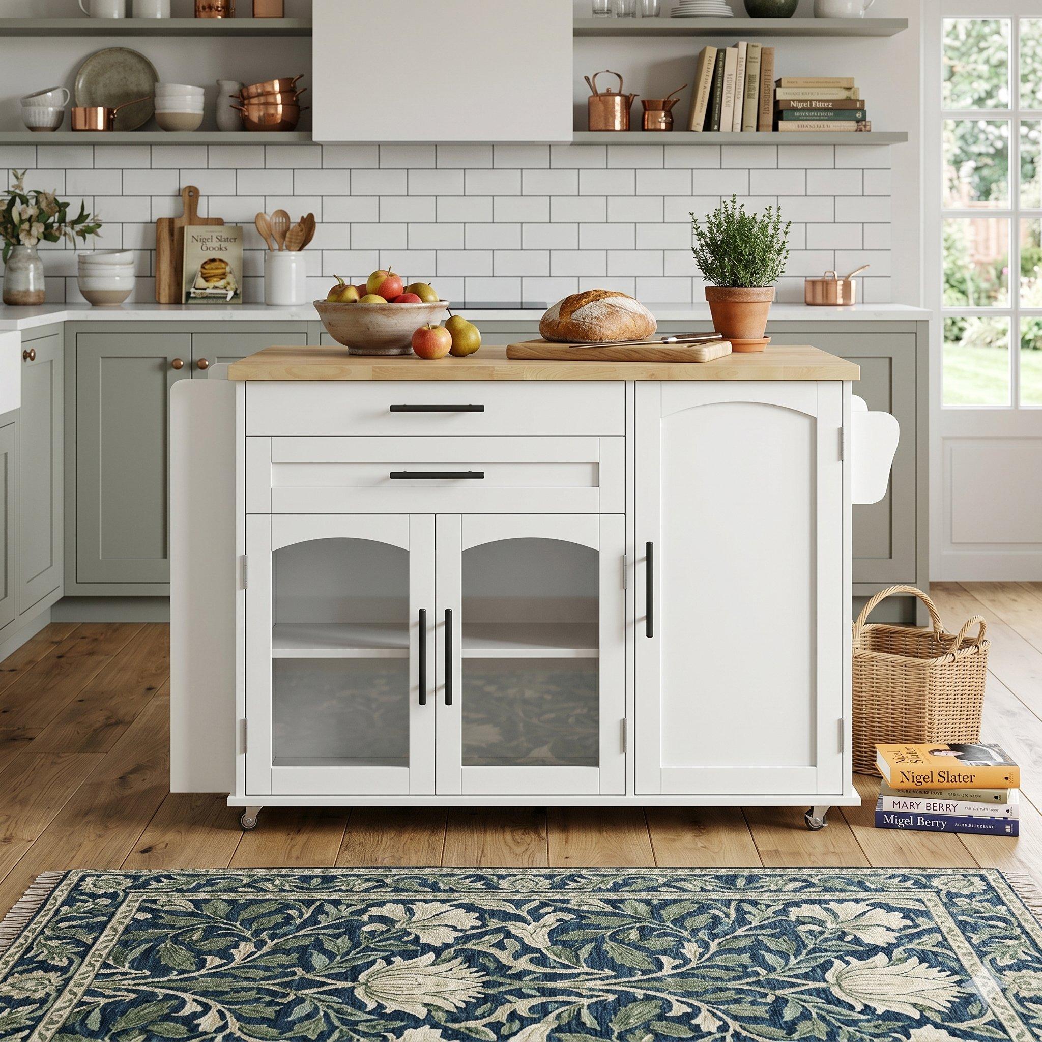 White/Oak - Urban Meuble - Mobile Kitchen Island Trolley with Foldable Top - 1