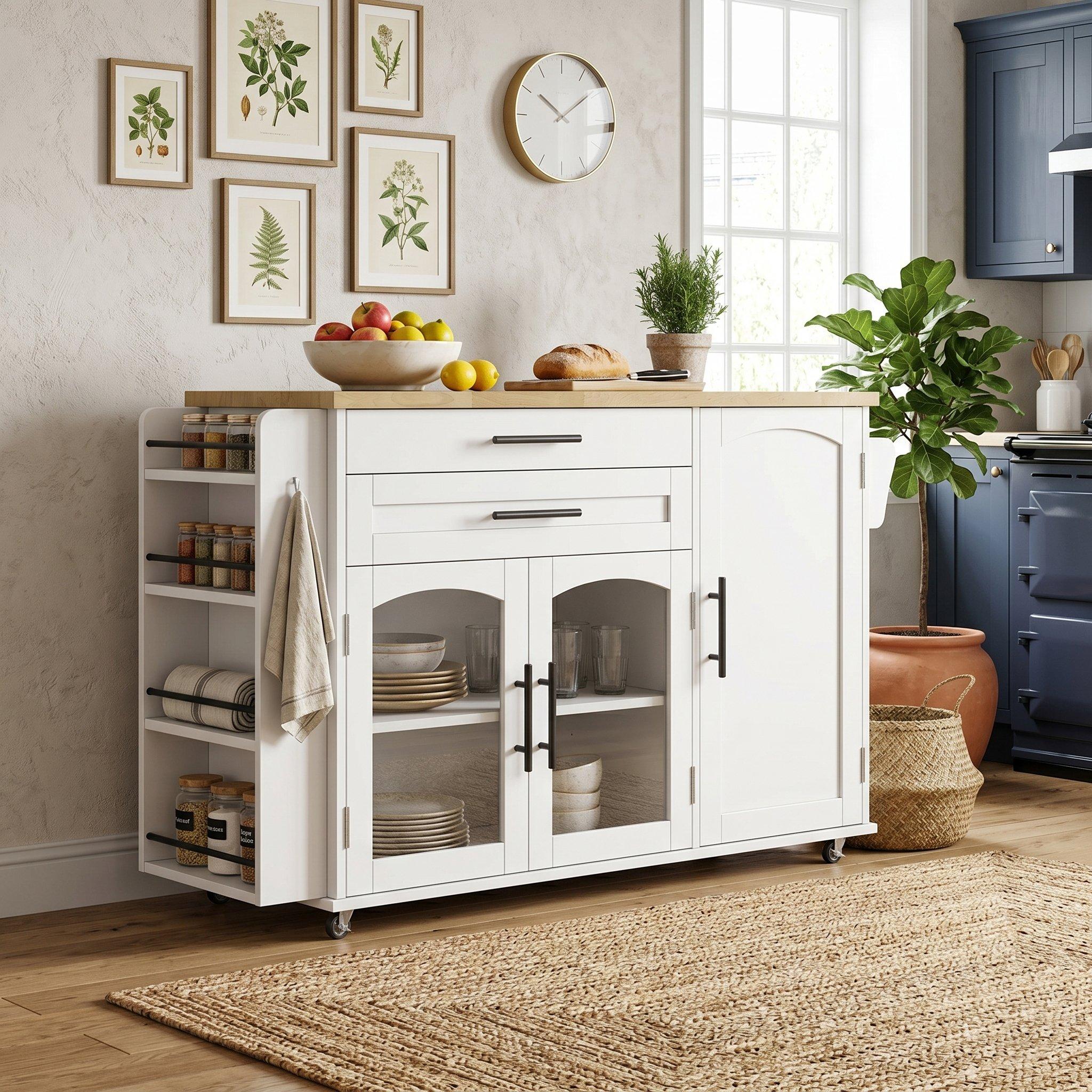 White/Oak - Urban Meuble - Mobile Kitchen Island Trolley with Foldable Top - 2