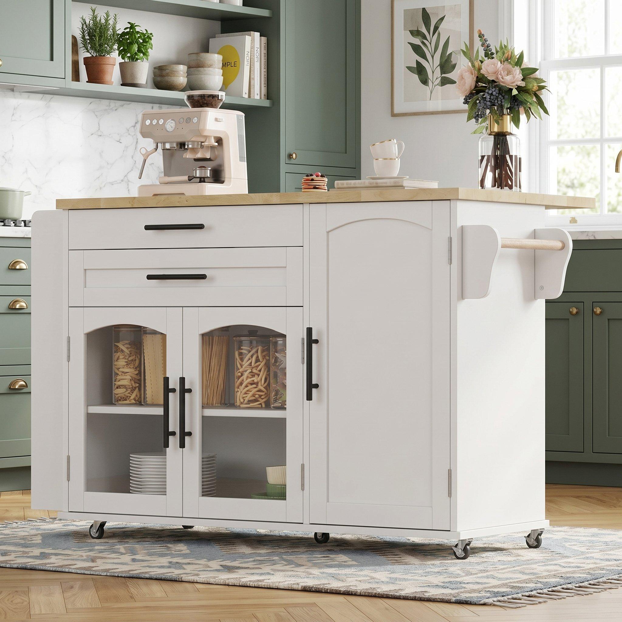 White/Oak - Urban Meuble - Mobile Kitchen Island Trolley with Foldable Top - 3