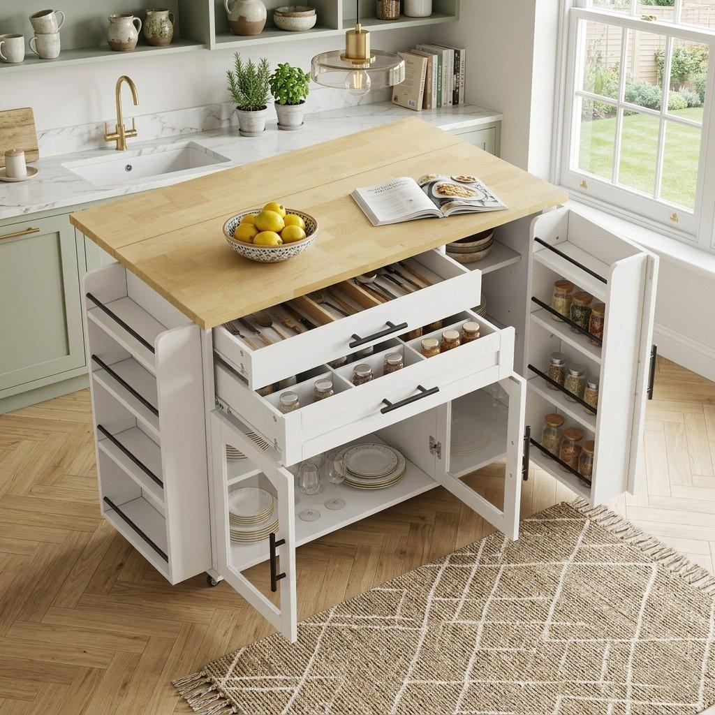 White/Oak - Urban Meuble - Mobile Kitchen Island Trolley with Foldable Top - 4