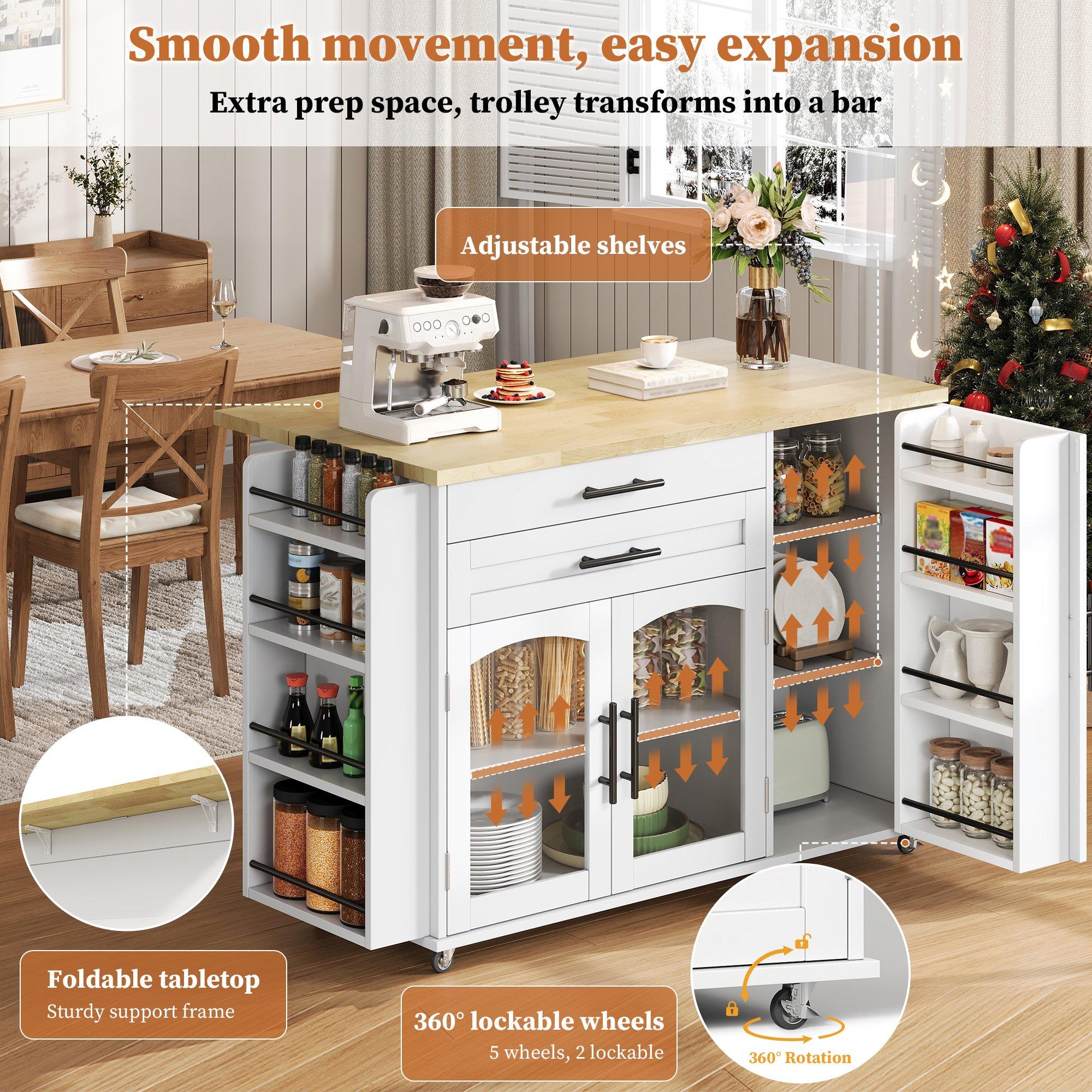 White/Oak - Urban Meuble - Mobile Kitchen Island Trolley with Foldable Top - 7