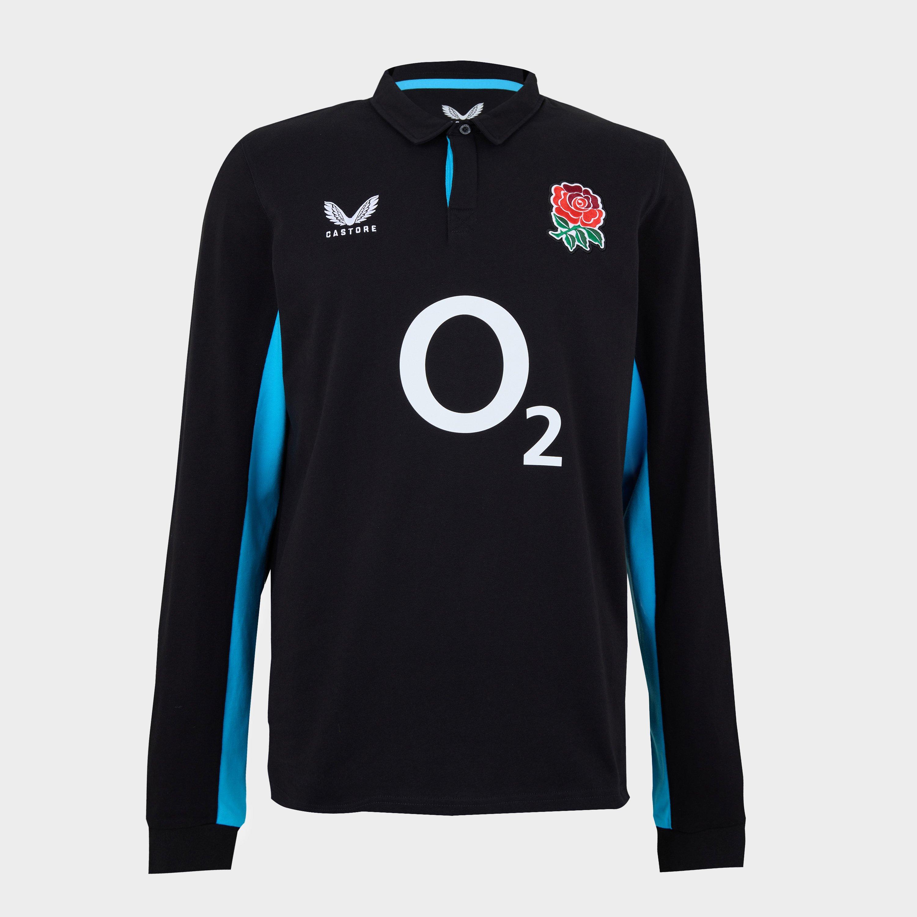 Castore Men's England Rugby Away Long Sleeve Polo Shirt 2025 - Black/Blue - S