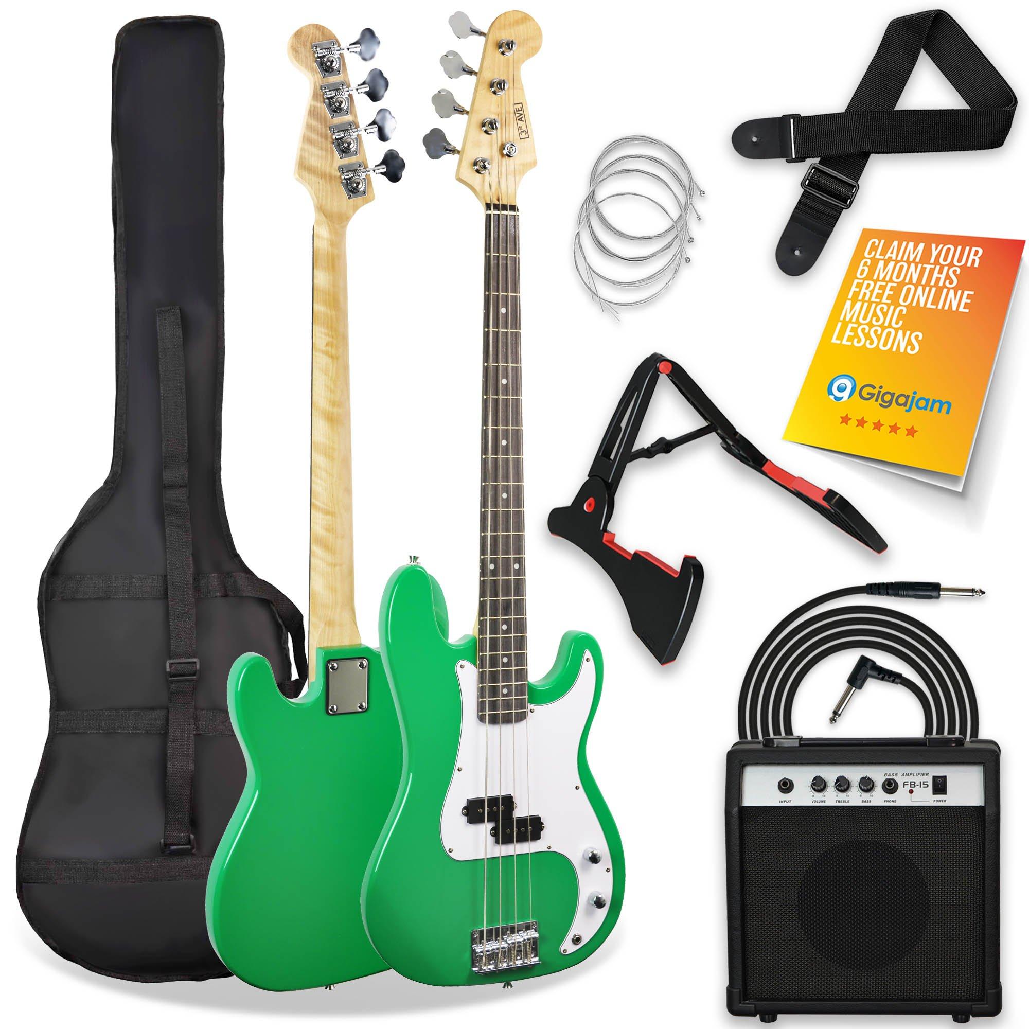 3rd Avenue Full Size 4/4 Electric Bass Guitar Beginner Pack Kit with 15W Amplifier, Bag, Cable, Strap, Stand and Spare Strings – Green - Image 6