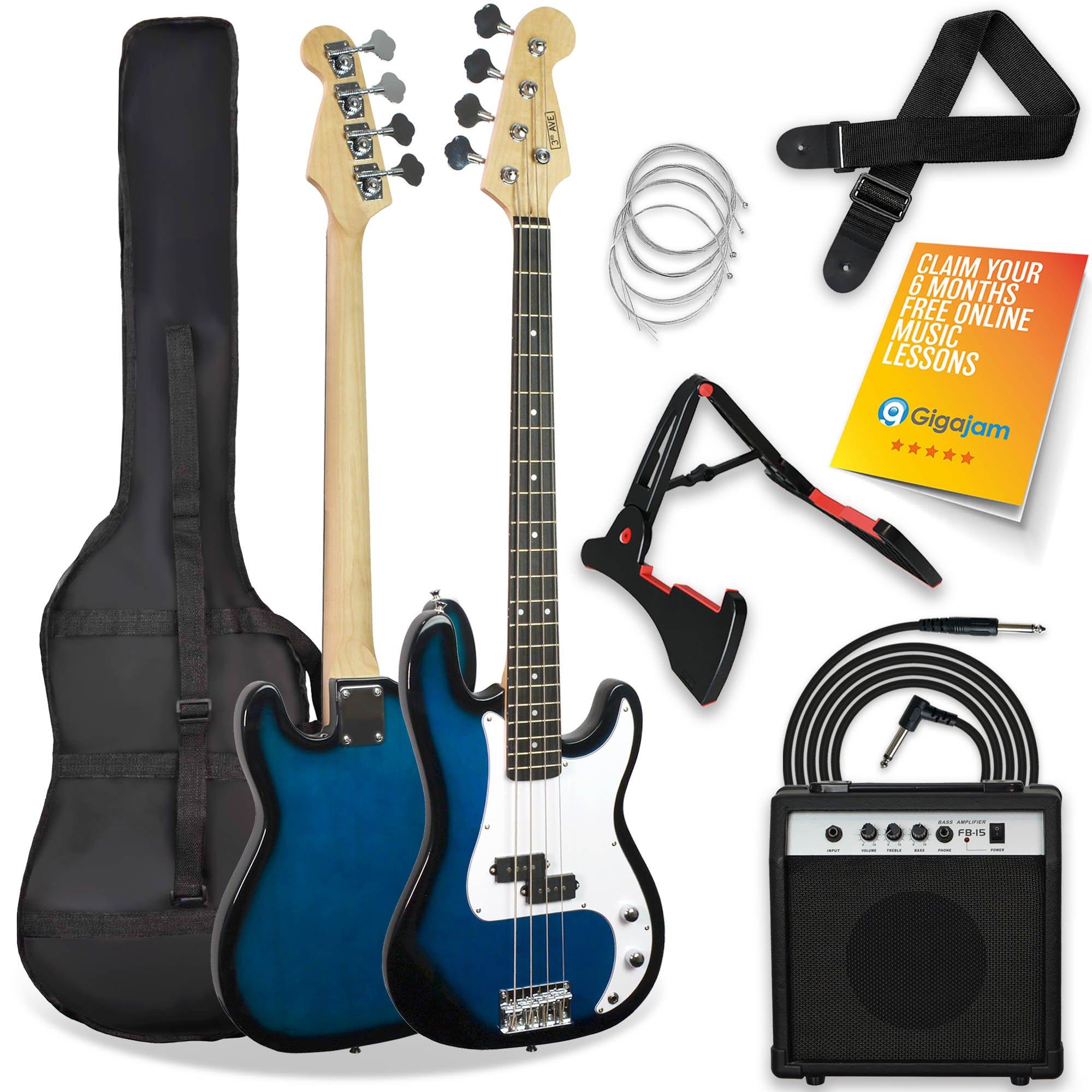 3rd Avenue Full Size 4/4 Electric Bass Guitar Beginner Pack Kit with 15W Amplifier, Bag, Cable, Strap, Stand and Spare Strings – Blue - Image 5