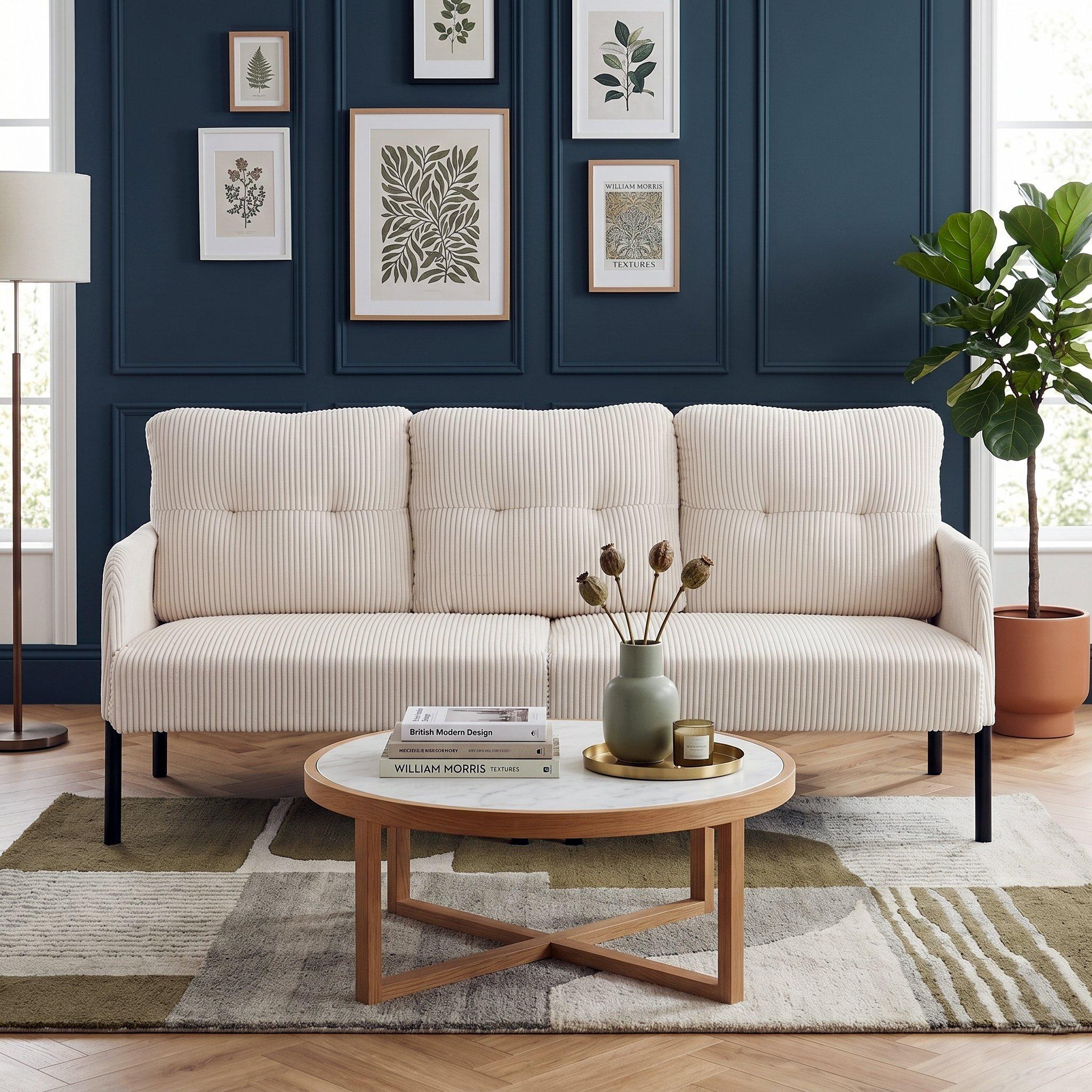 Beige - Urban Meuble - Modern Corduroy 3-Seater Sofa with Pockets - 2