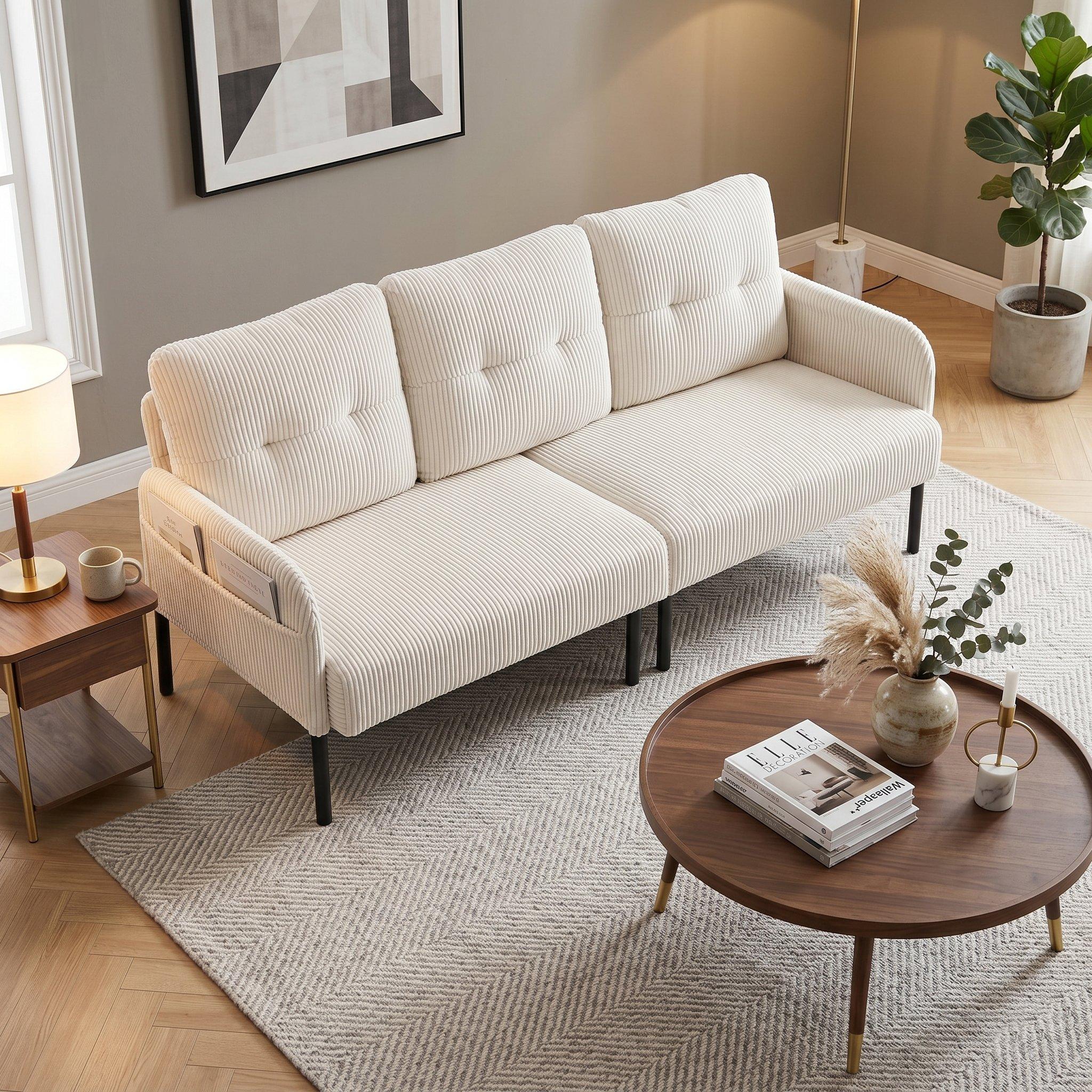 Beige - Urban Meuble - Modern Corduroy 3-Seater Sofa with Pockets - 3