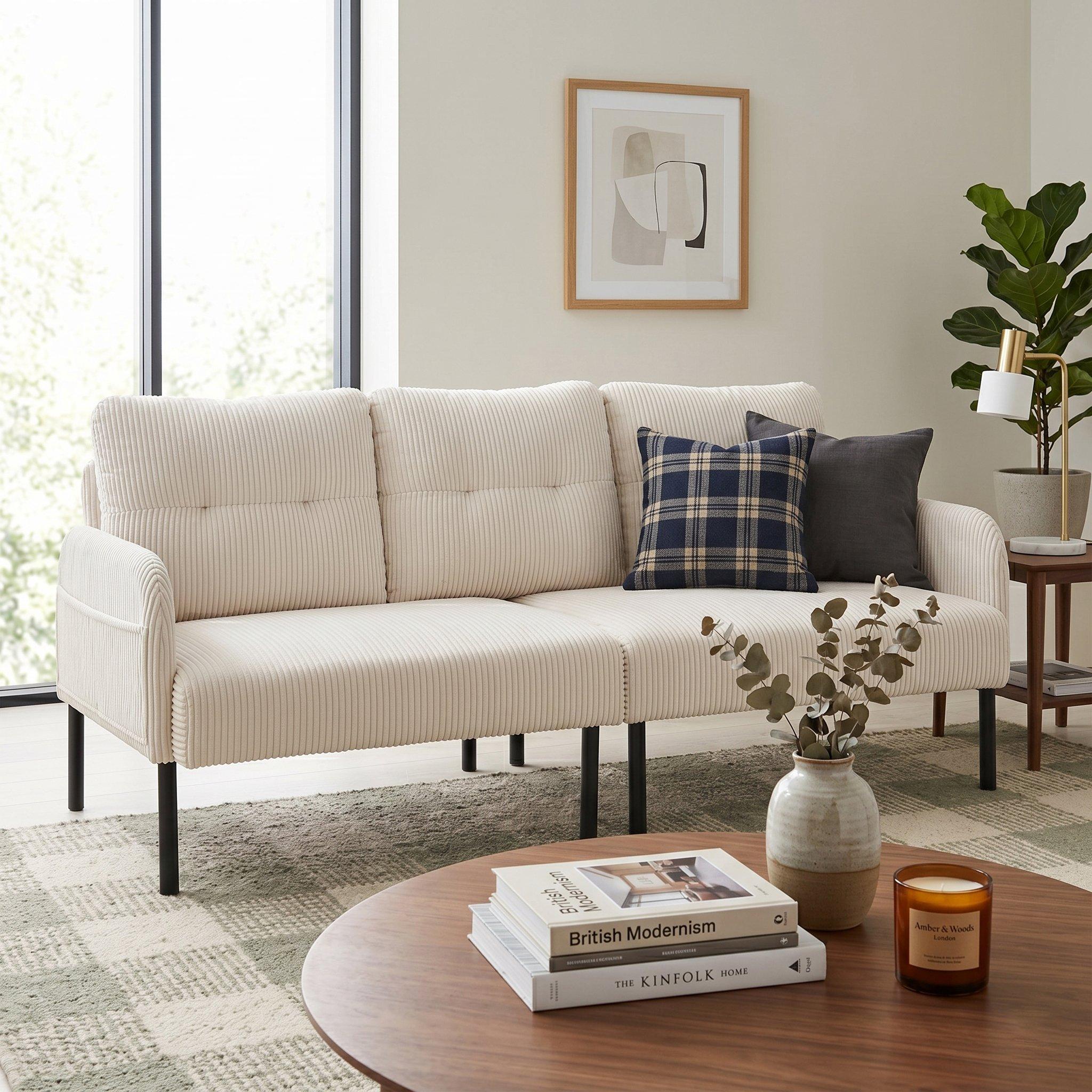 Beige - Urban Meuble - Modern Corduroy 3-Seater Sofa with Pockets - 4