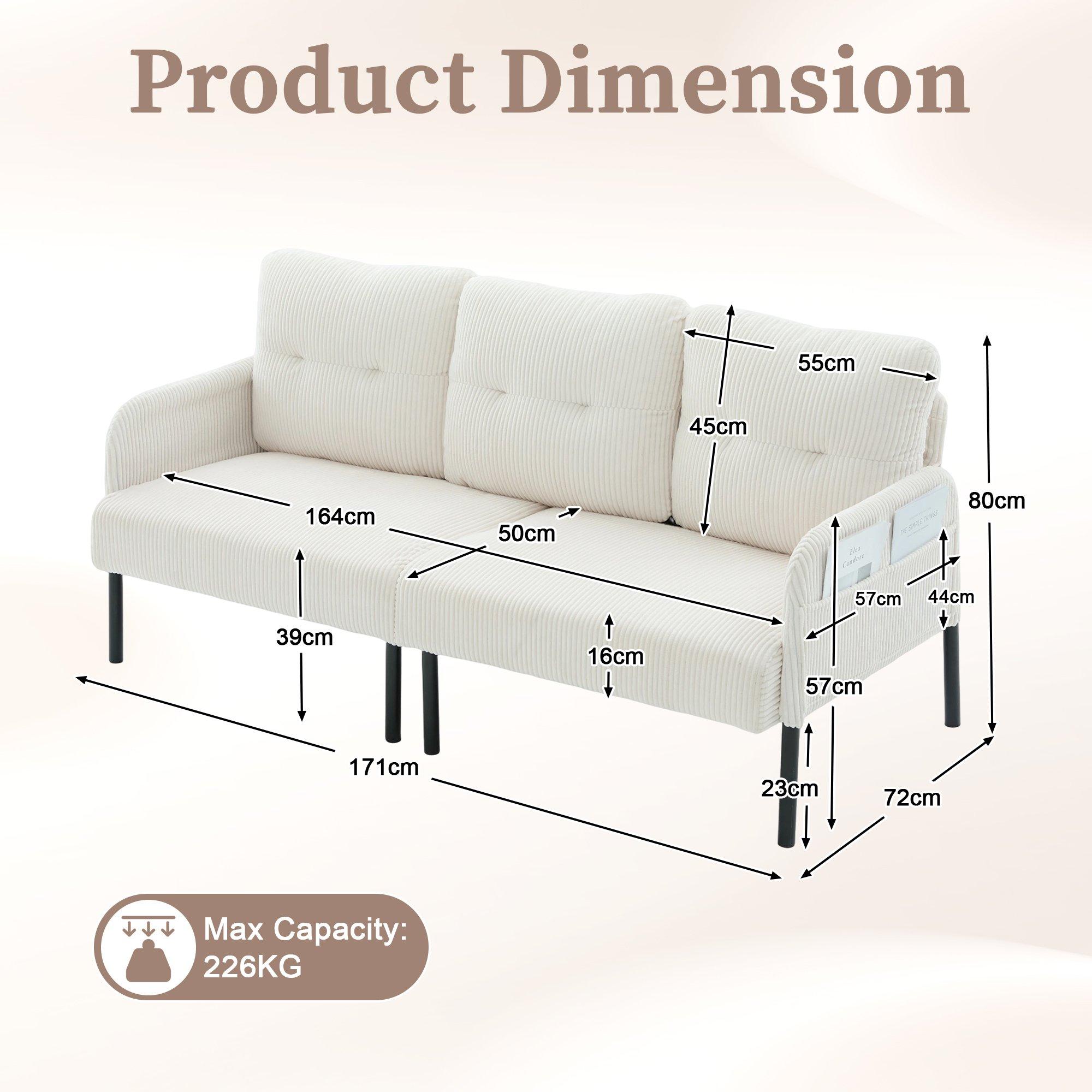Beige - Urban Meuble - Modern Corduroy 3-Seater Sofa with Pockets - 6