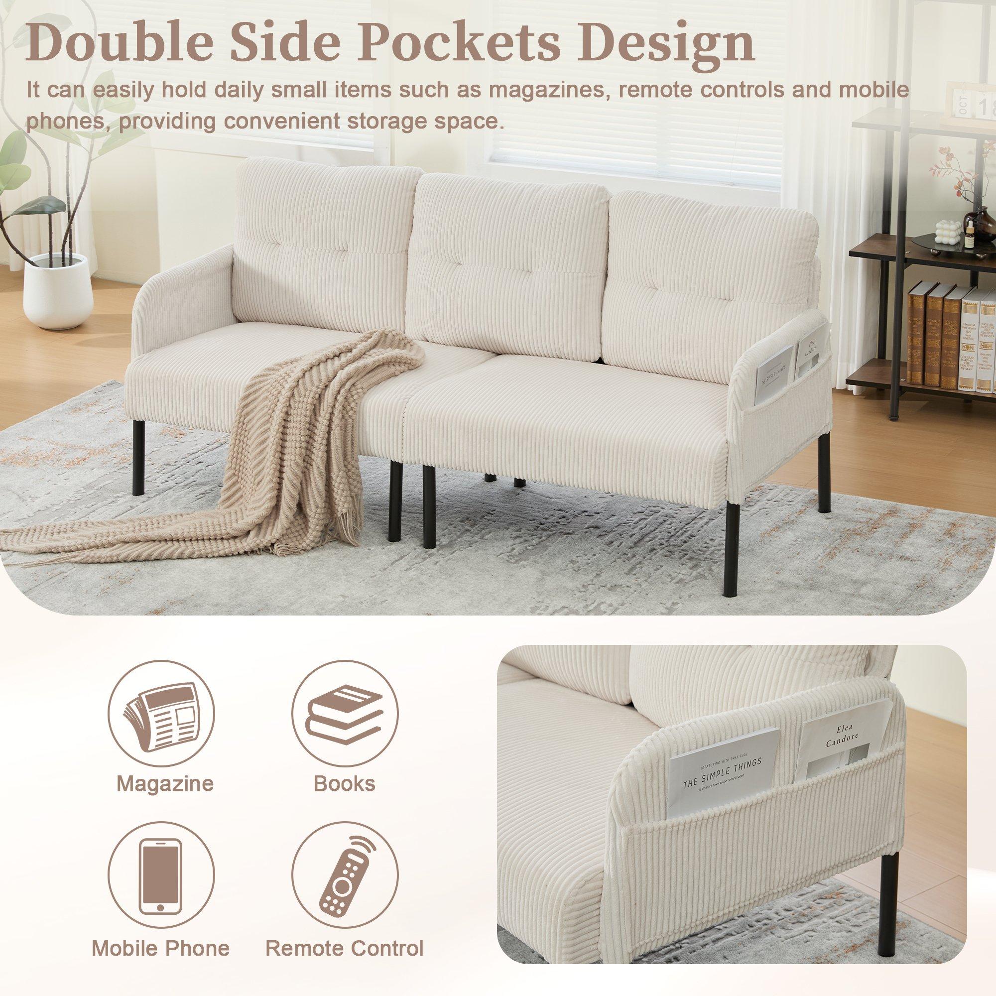 Beige - Urban Meuble - Modern Corduroy 3-Seater Sofa with Pockets - 7