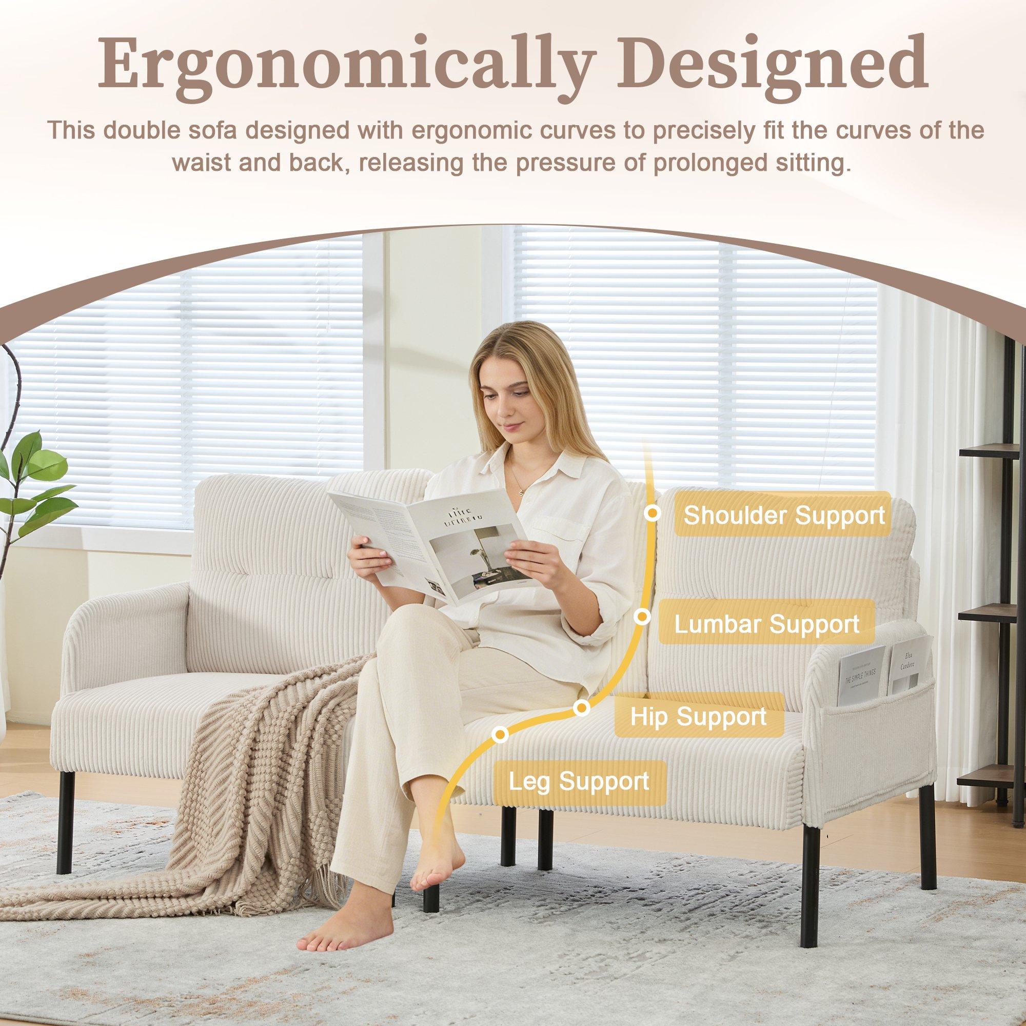 Beige - Urban Meuble - Modern Corduroy 3-Seater Sofa with Pockets - 8