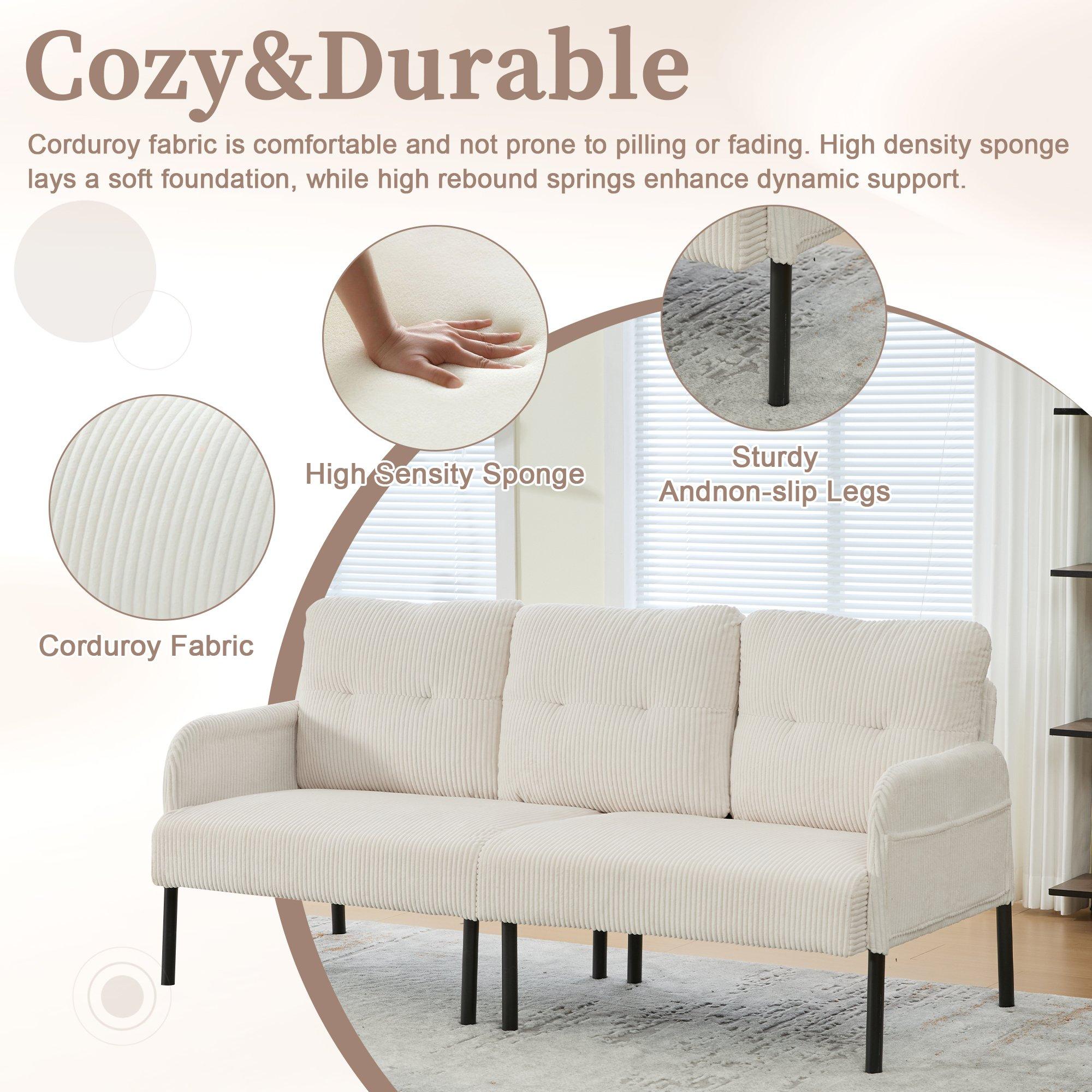 Beige - Urban Meuble - Modern Corduroy 3-Seater Sofa with Pockets - 9