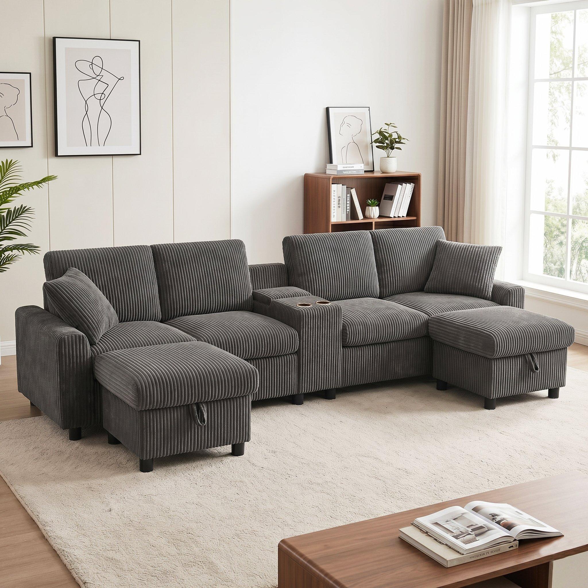 Grey - Urban Meuble - Corduroy Sectional Sofa with Storage Ottomans - 1