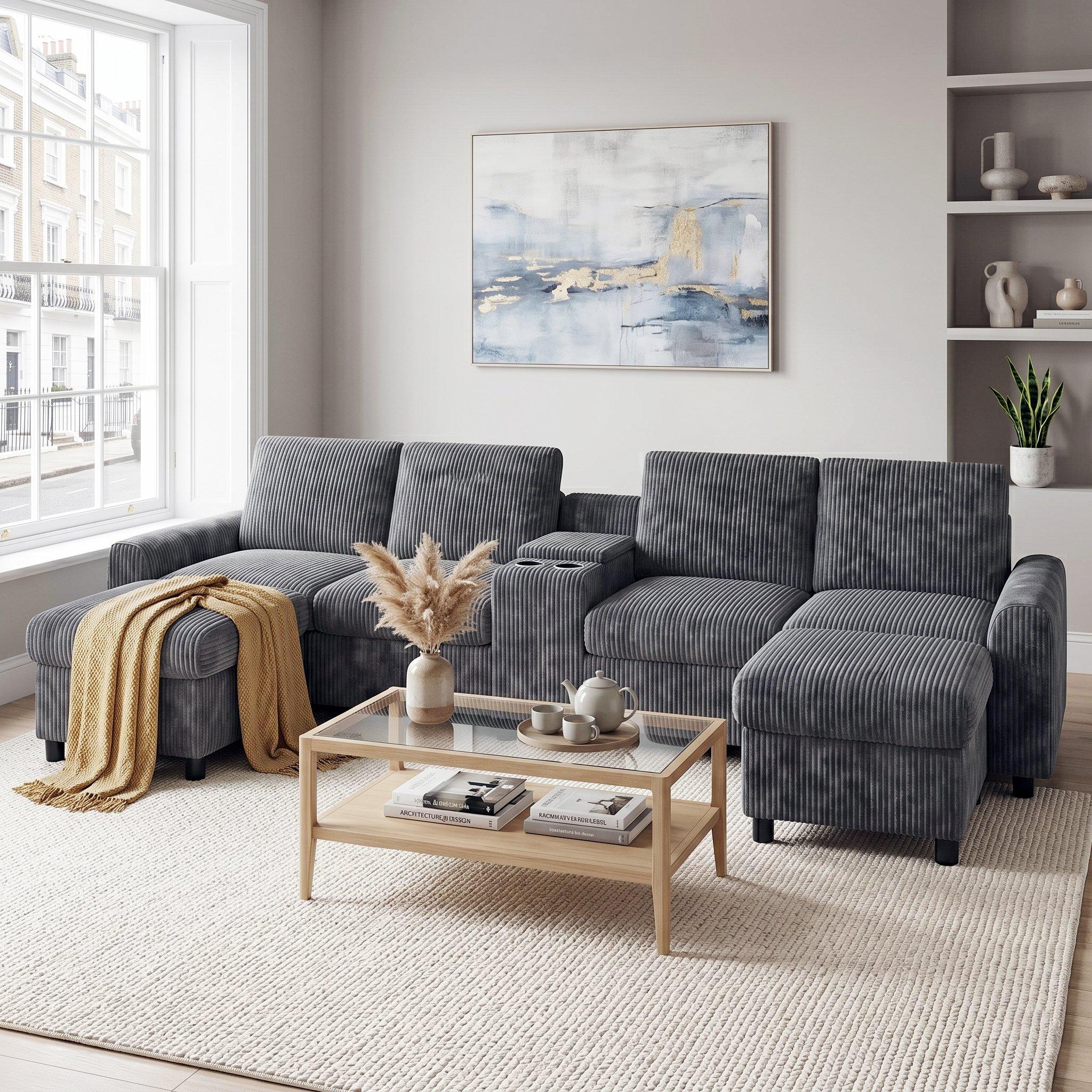 Grey - Urban Meuble - Corduroy Sectional Sofa with Storage Ottomans - 2