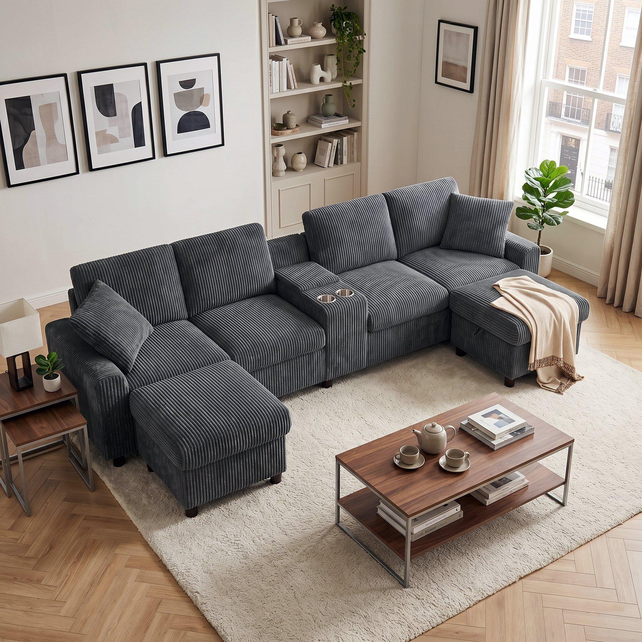 Grey - Urban Meuble - Corduroy Sectional Sofa with Storage Ottomans - 3