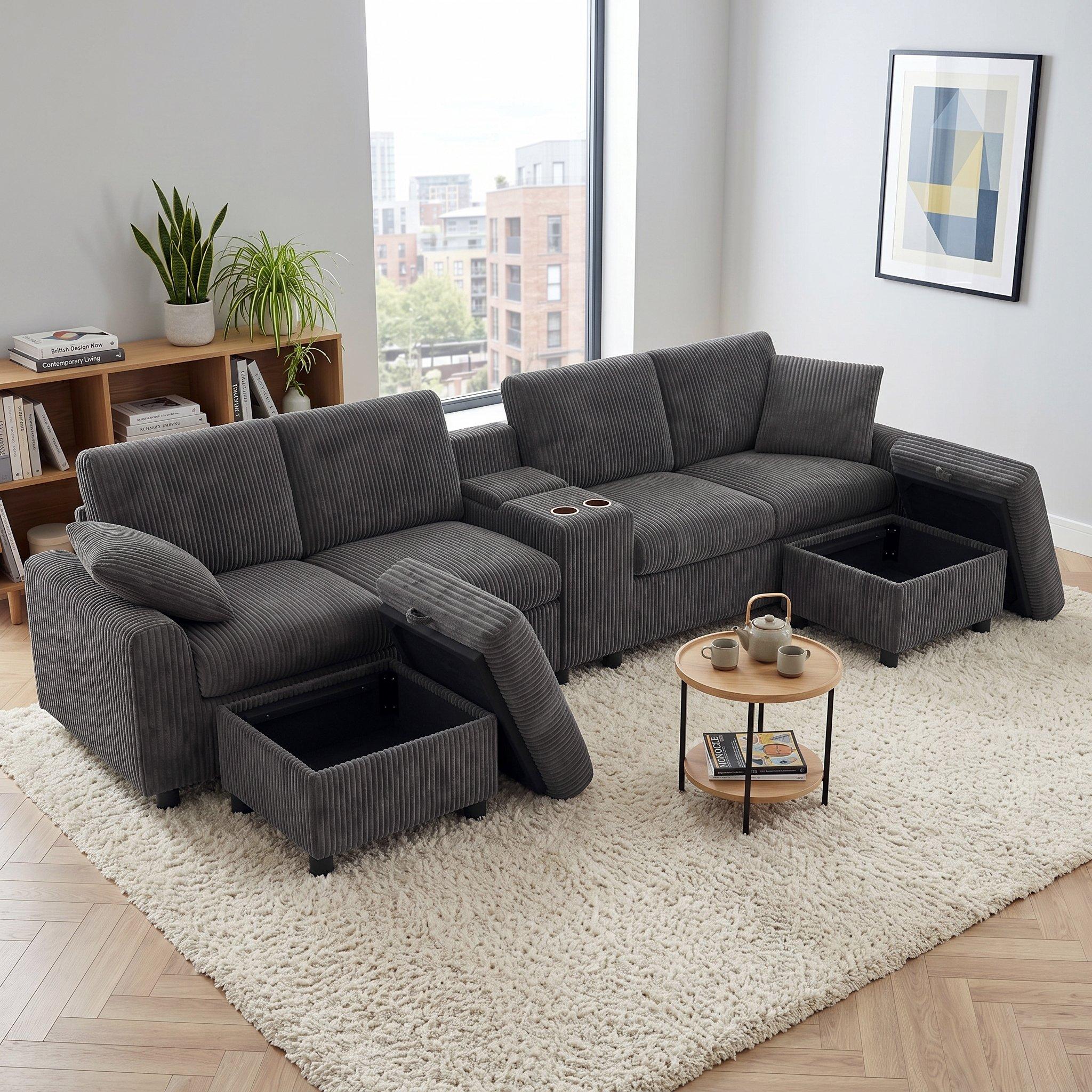 Grey - Urban Meuble - Corduroy Sectional Sofa with Storage Ottomans - 4