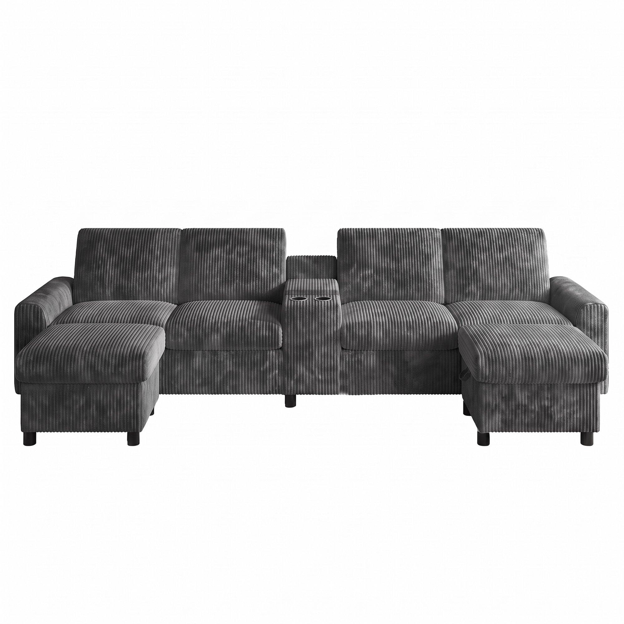 Grey - Urban Meuble - Corduroy Sectional Sofa with Storage Ottomans - 5