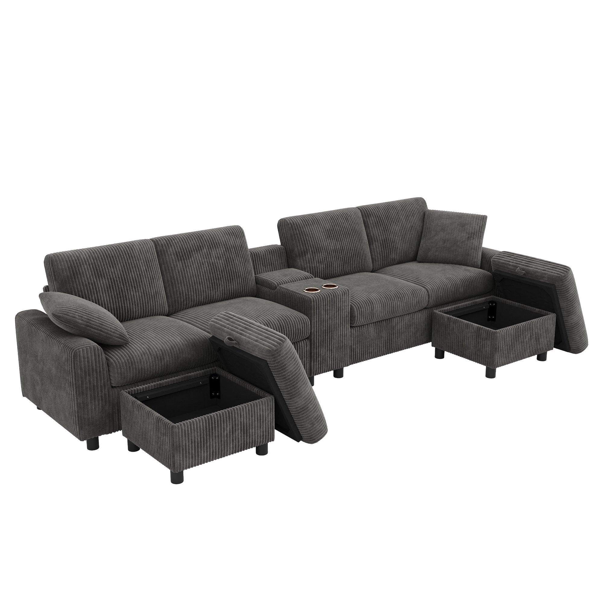 Grey - Urban Meuble - Corduroy Sectional Sofa with Storage Ottomans - 7