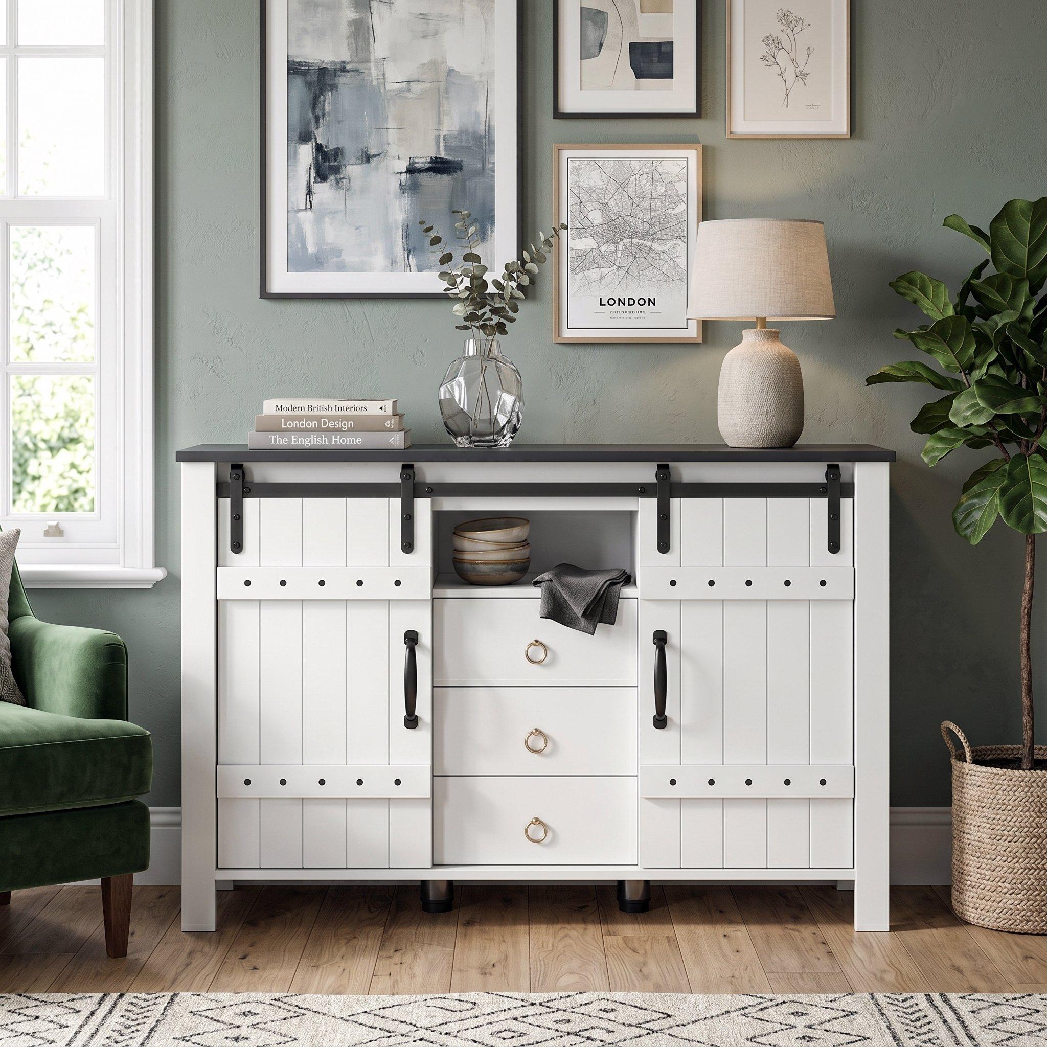 White - Urban Meuble - Rustic Sideboard Buffet with Sliding Doors - 1