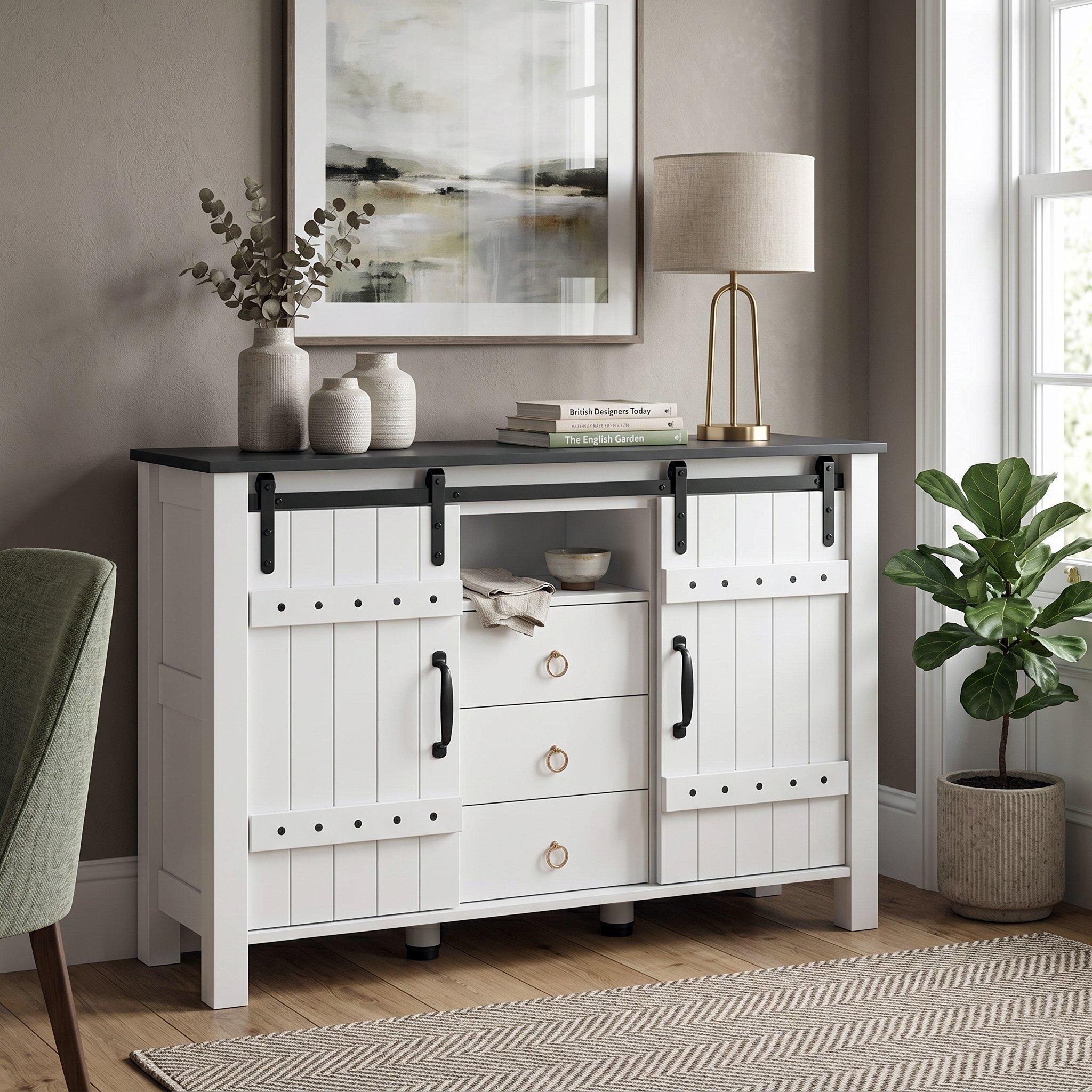 White - Urban Meuble - Rustic Sideboard Buffet with Sliding Doors - 2