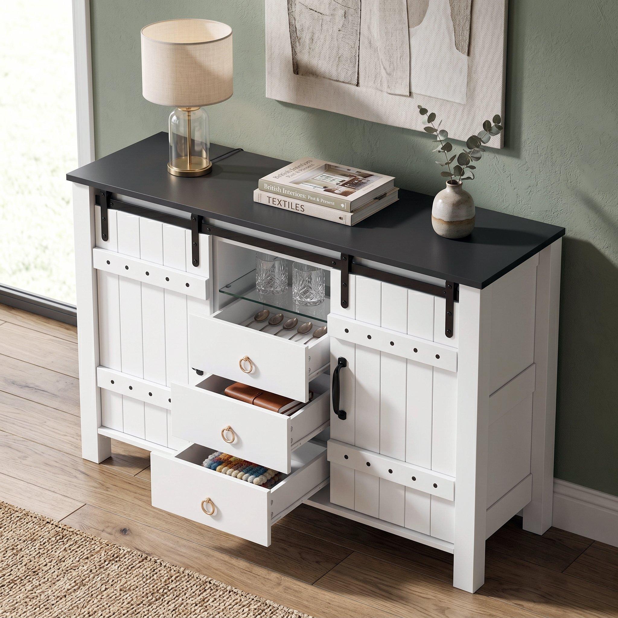 White - Urban Meuble - Rustic Sideboard Buffet with Sliding Doors - 4