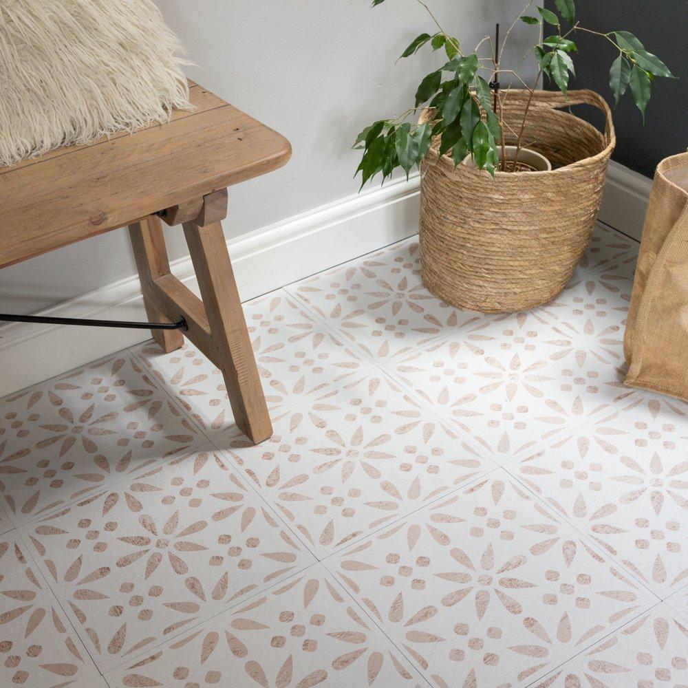 D C Fix Self Adhesive Vinyl Floor Tiles Vintage Flowers - Beige - 2 SQM