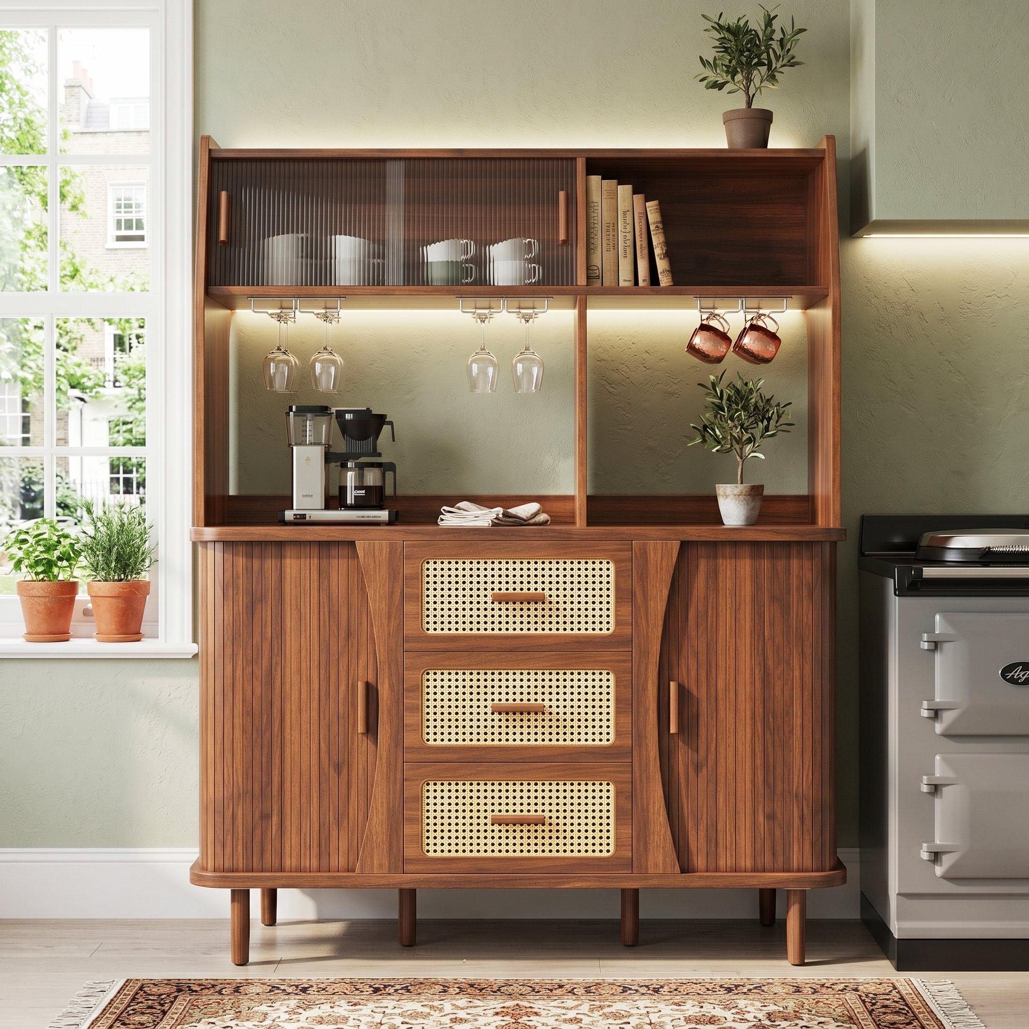 Walnut - Urban Meuble - Vintage Rattan Sideboard Kitchen Cabinet - 1