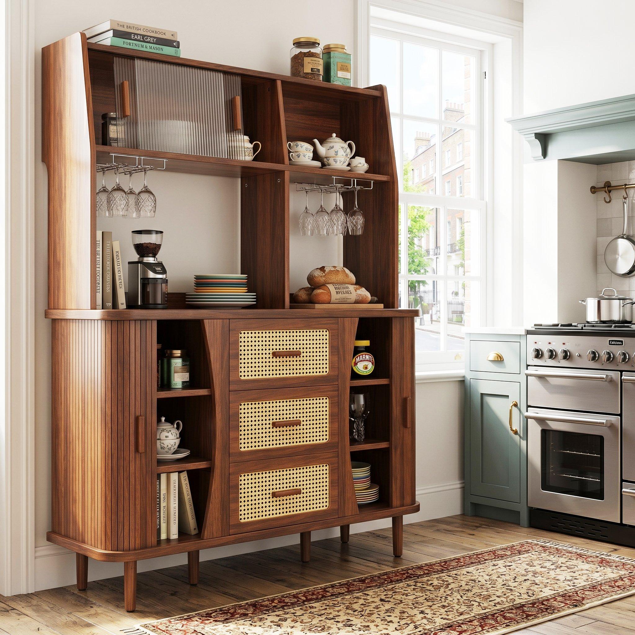 Walnut - Urban Meuble - Vintage Rattan Sideboard Kitchen Cabinet - 2