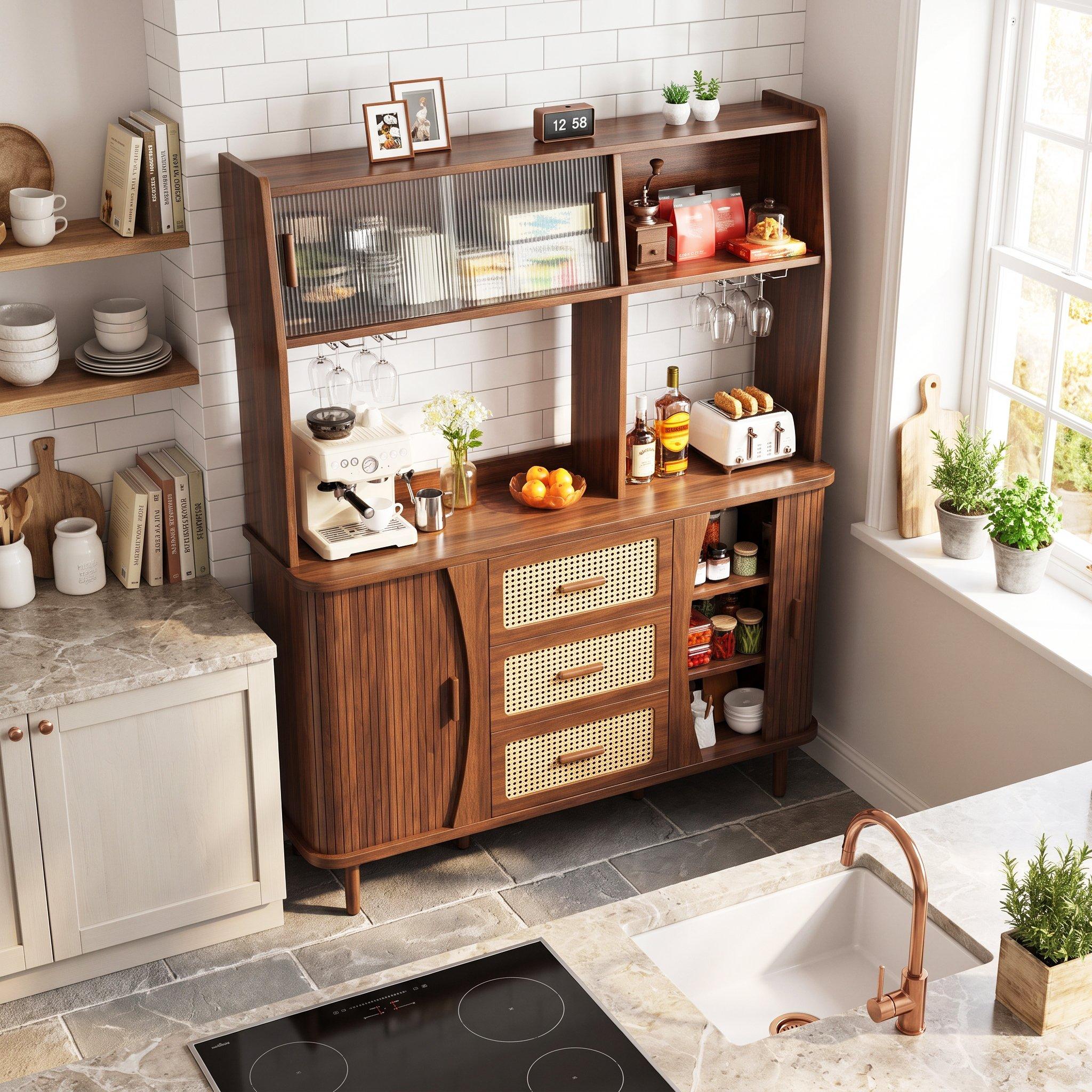 Walnut - Urban Meuble - Vintage Rattan Sideboard Kitchen Cabinet - 4