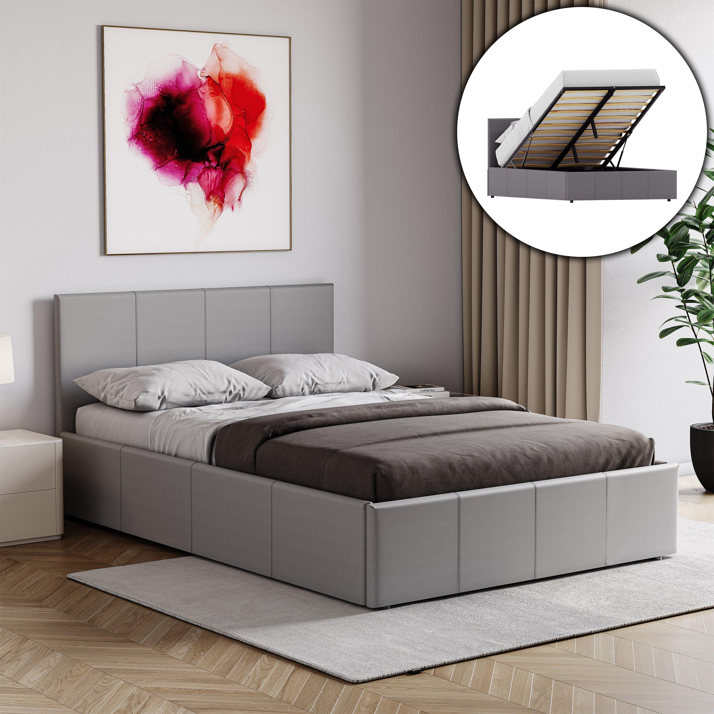 Grey - Lassic - Lisbon S Double Ottoman F Leather Bed & Mattress - 1