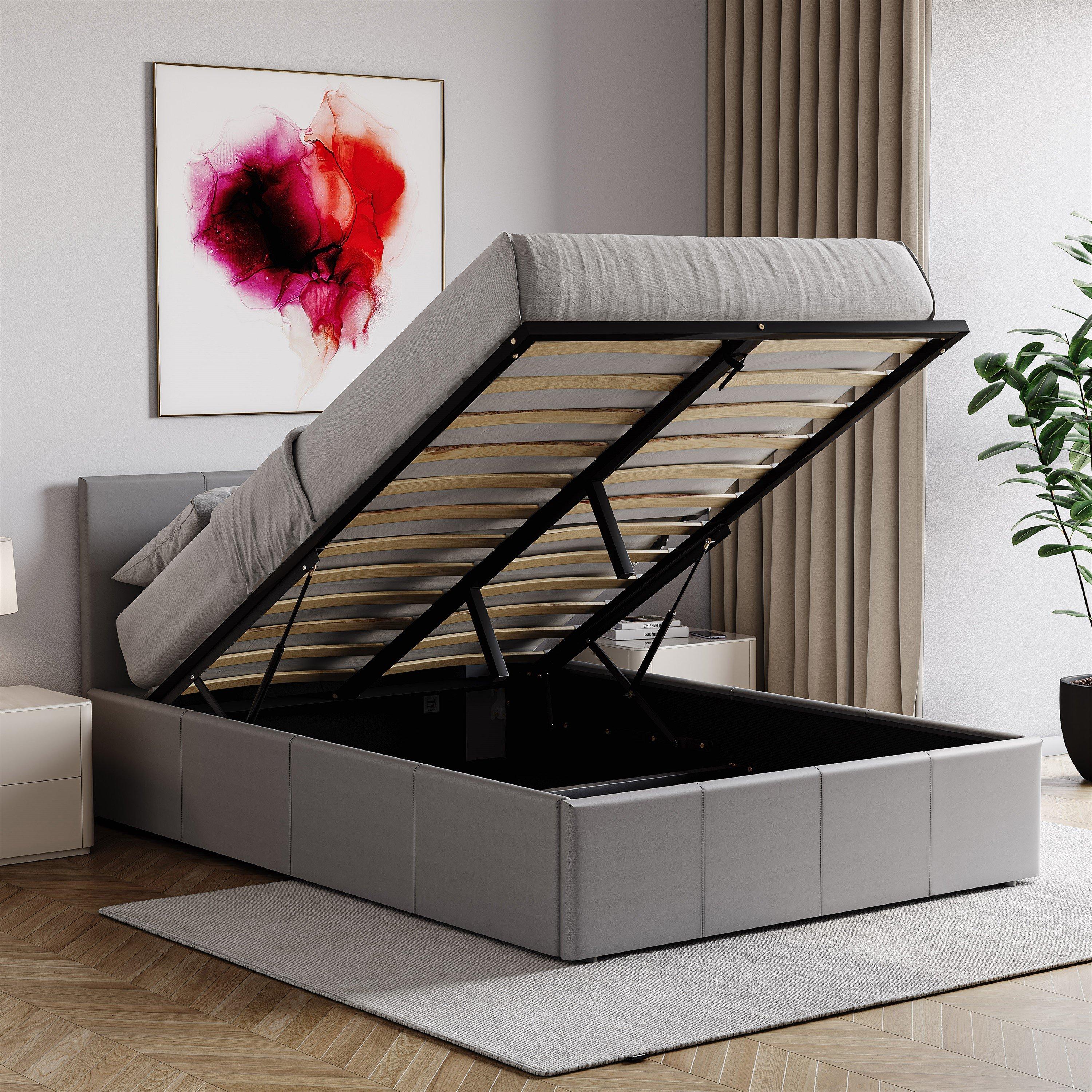 Grey - Lassic - Lisbon S Double Ottoman F Leather Bed & Mattress - 3