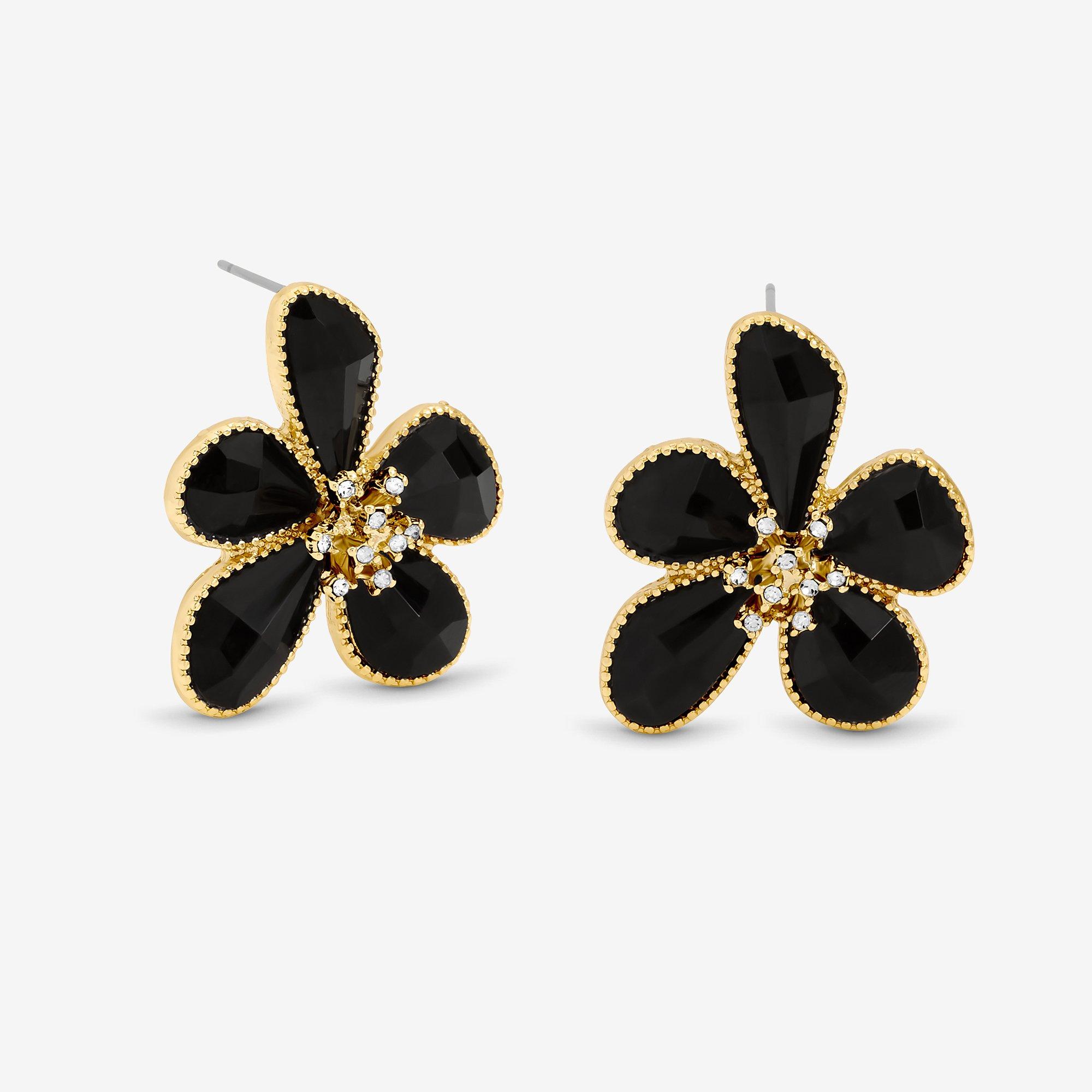 Gold - Mood - Gold Jet Glass Facet Flower Stud Earrings - 1