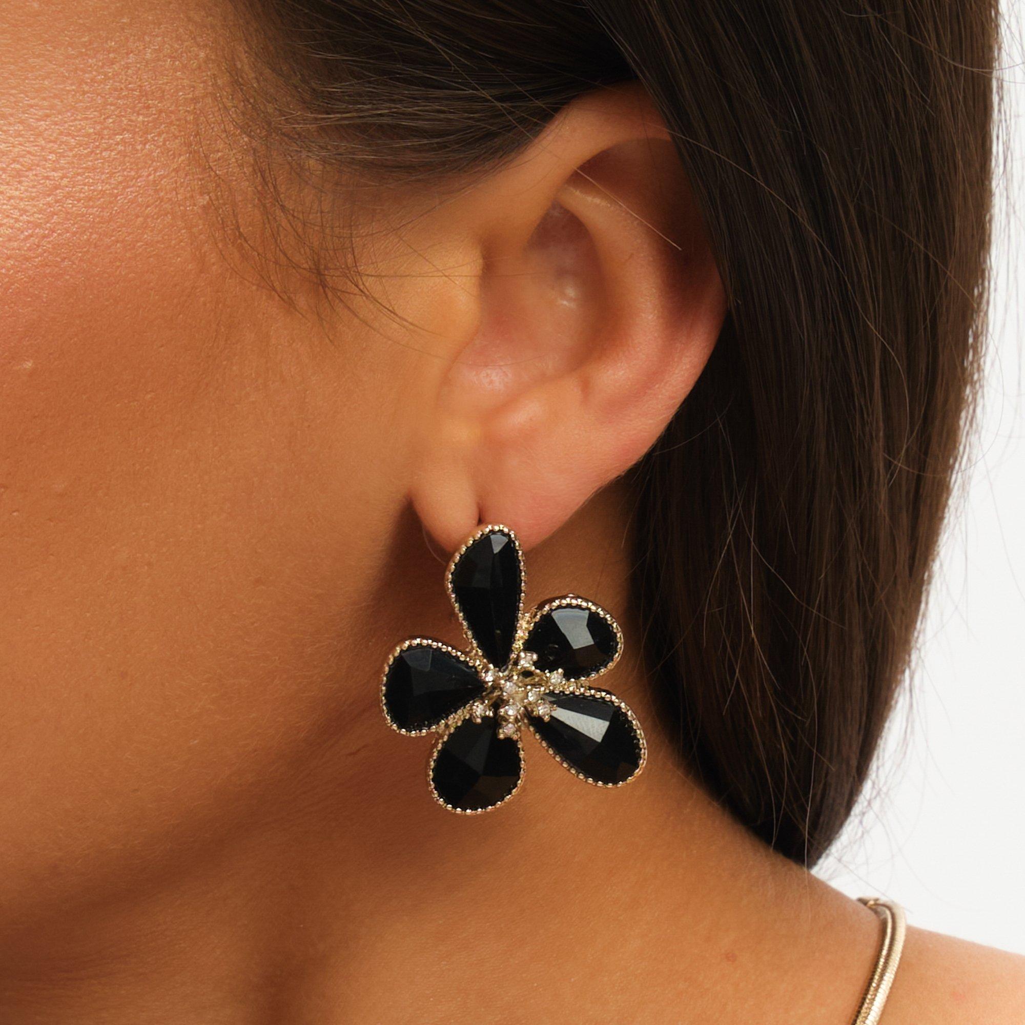 Gold - Mood - Gold Jet Glass Facet Flower Stud Earrings - 2