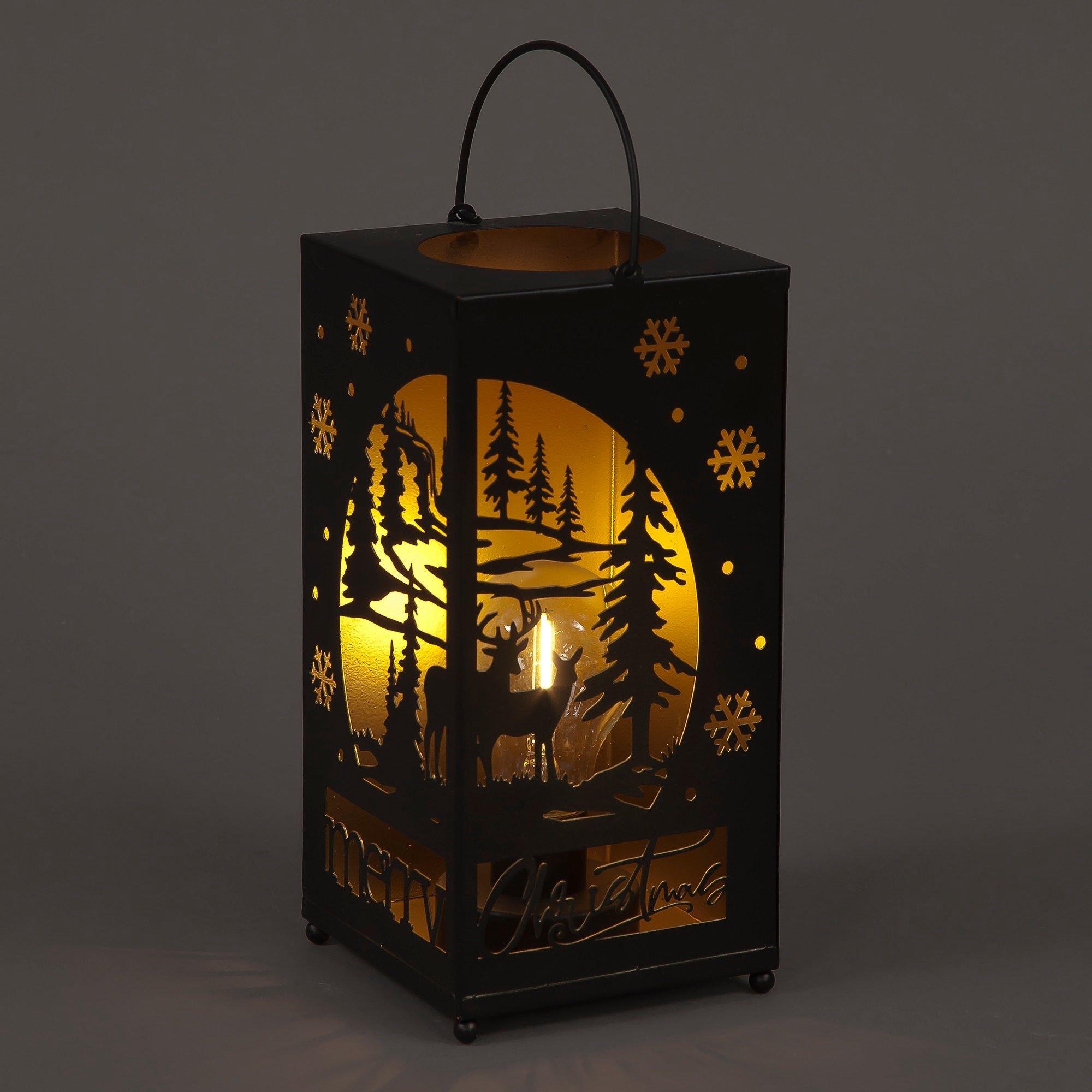 Black - Snowtime - LED Lit Metal Merry Christmas Winter Lantern