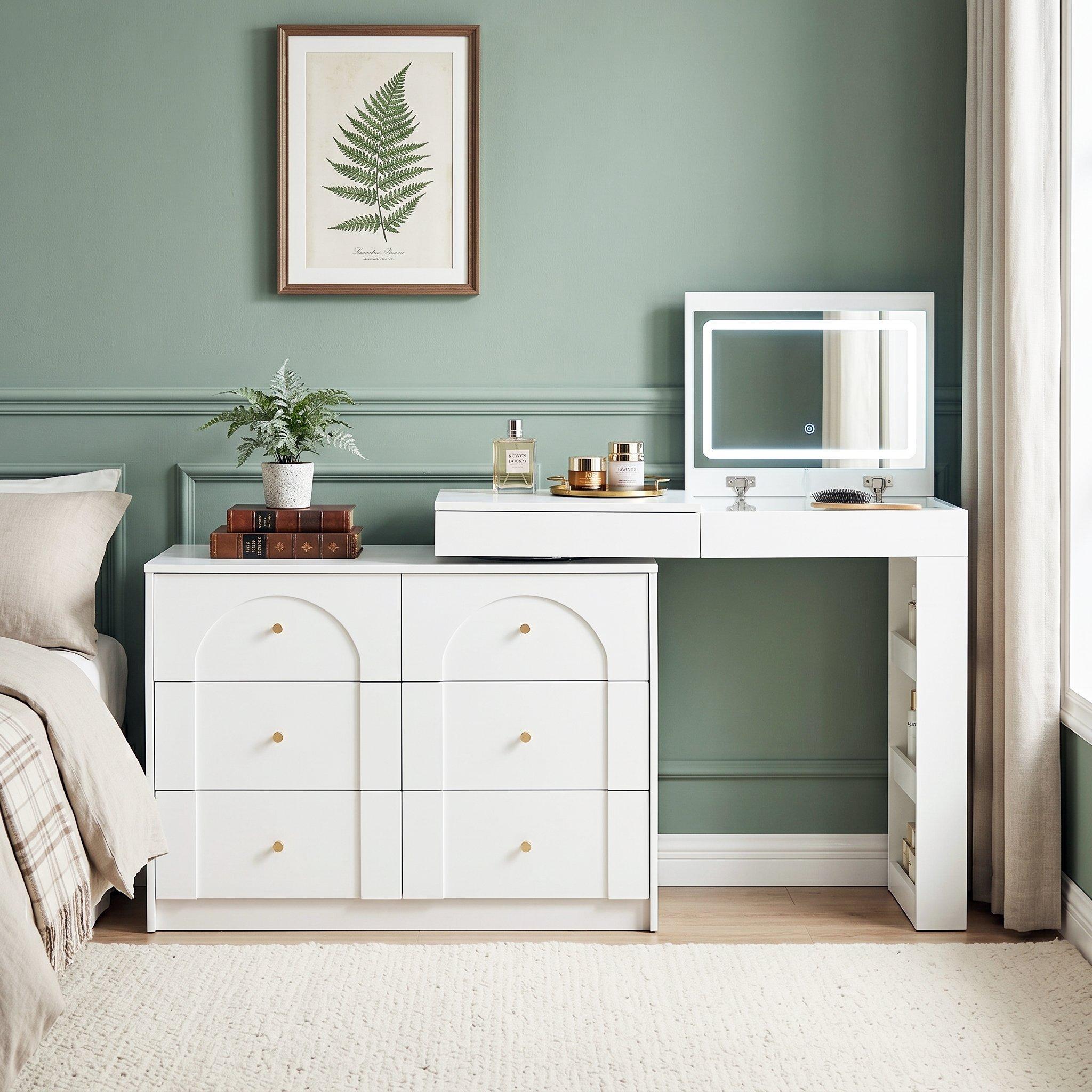 White - Urban Meuble - Modern L-Shaped Vanity Desk with LED Mirror - 1
